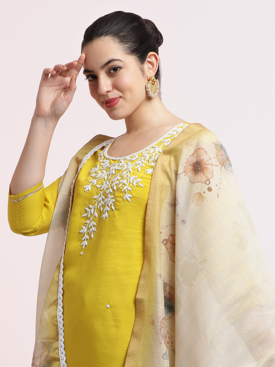 Light Green Embroidered Cotton Festive Kurta Set With Dupatta