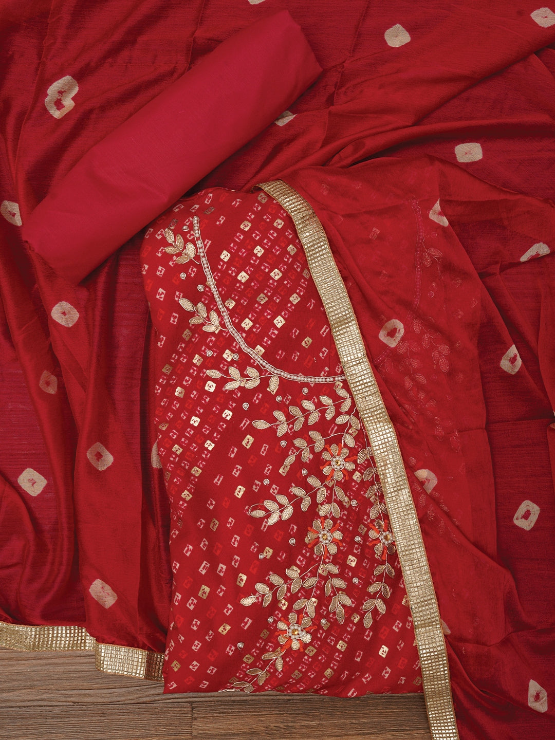 Unstitched Cotton Bandhani Printed Pink Dress Material With Dupatta