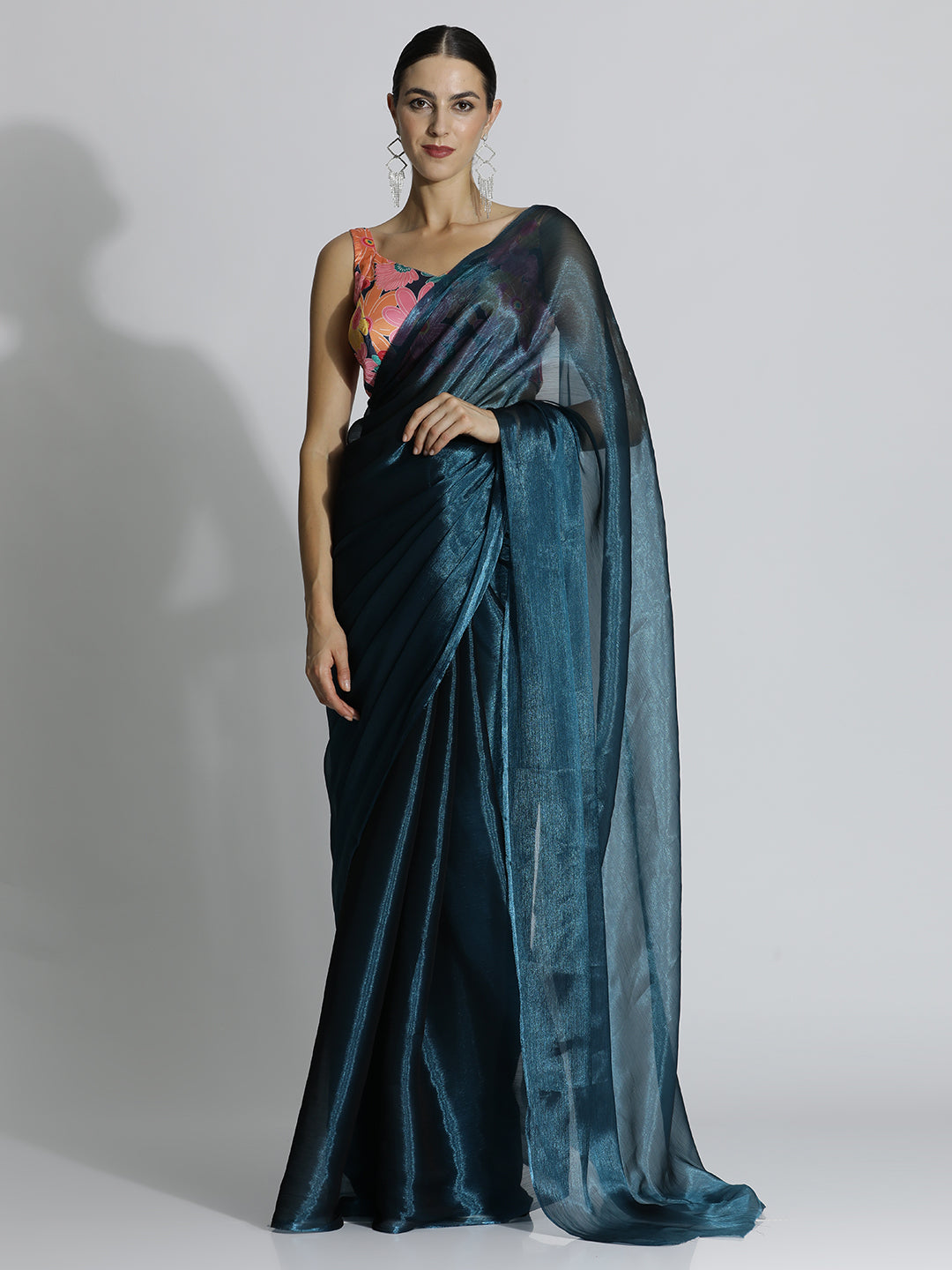 Teal Festive Tissue Solid Saree