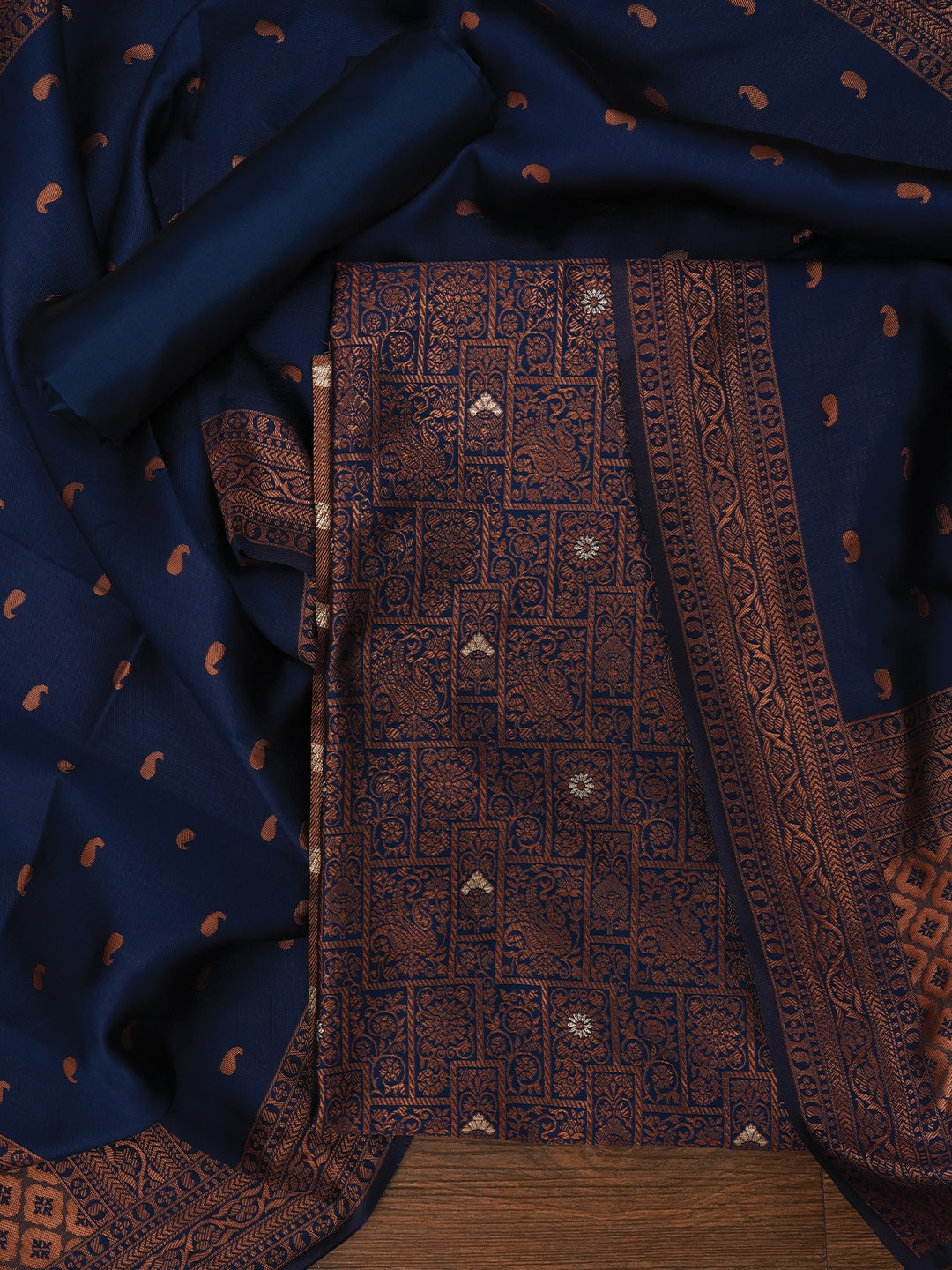 Navy Blue Floral Silk Zari Woven Dress Material with Dupatta