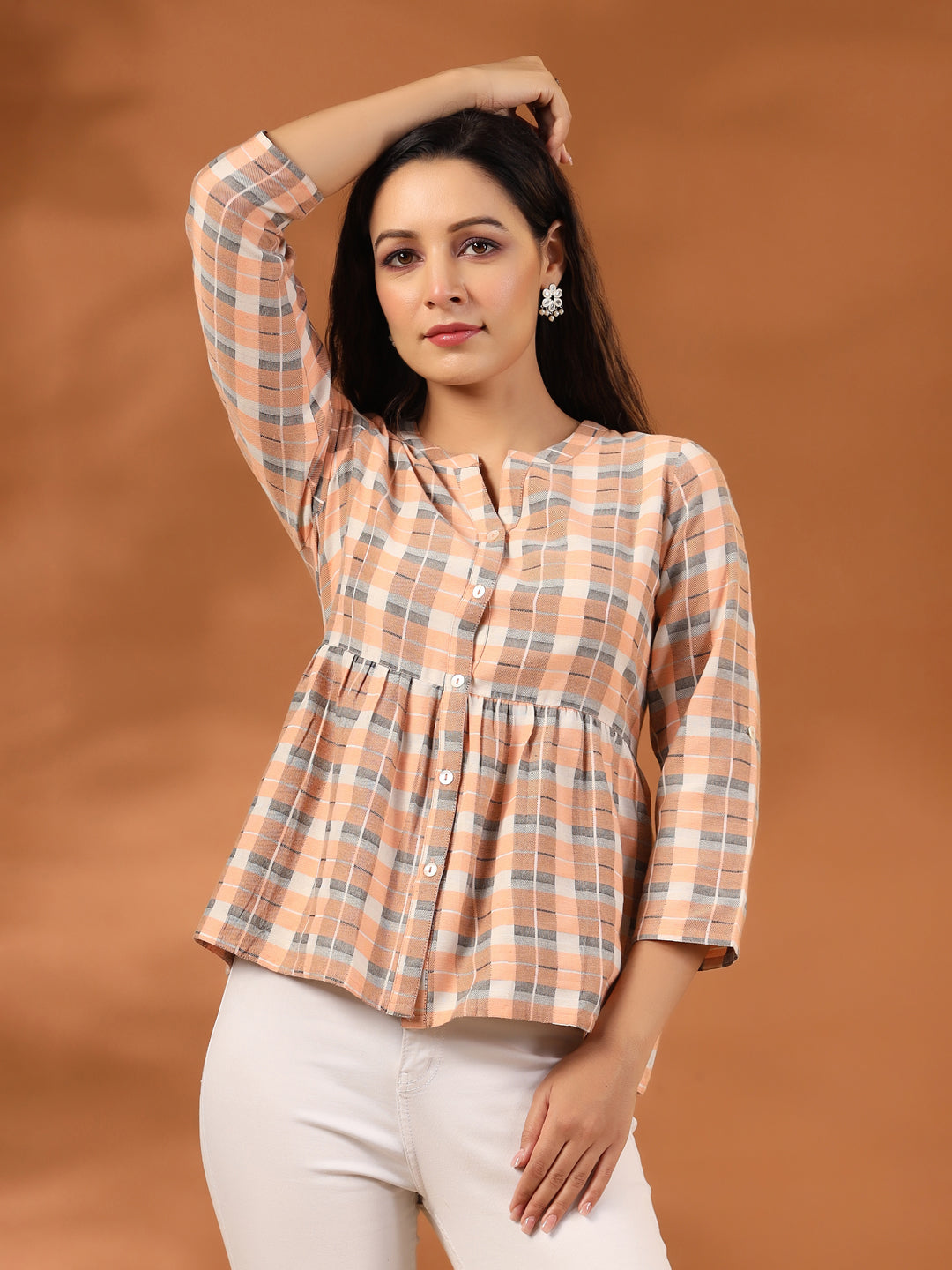 Peach And White Checks Cotton Gathered Shirt