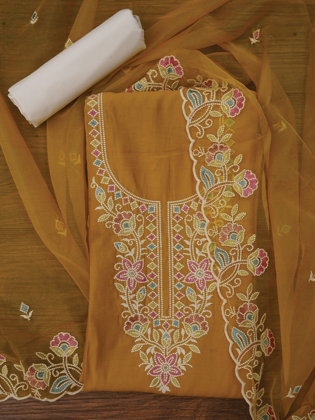Mustard Zari Pure Cotton Dress Material with Dupatta