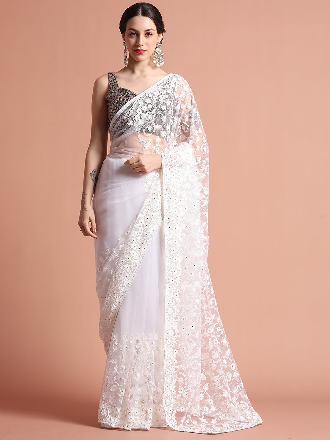 Cream Party Wear Floral Embroidered Net Saree