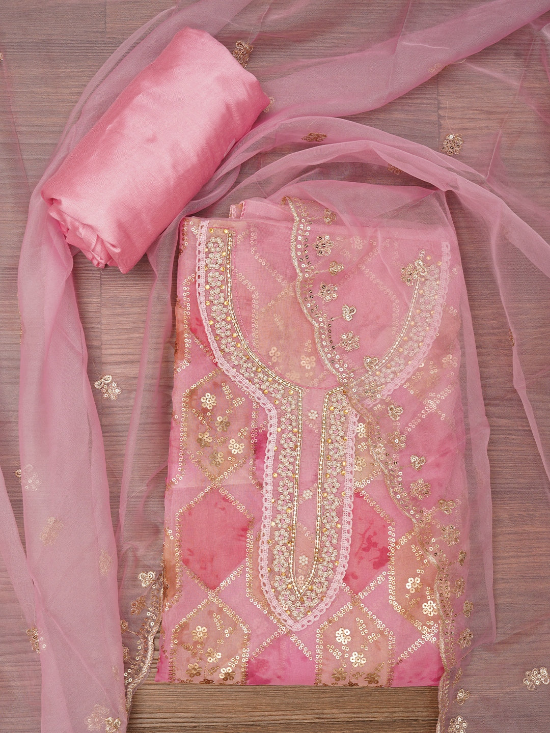 Pink Sequin Embroidered Organza Dress Material with Dupatta
