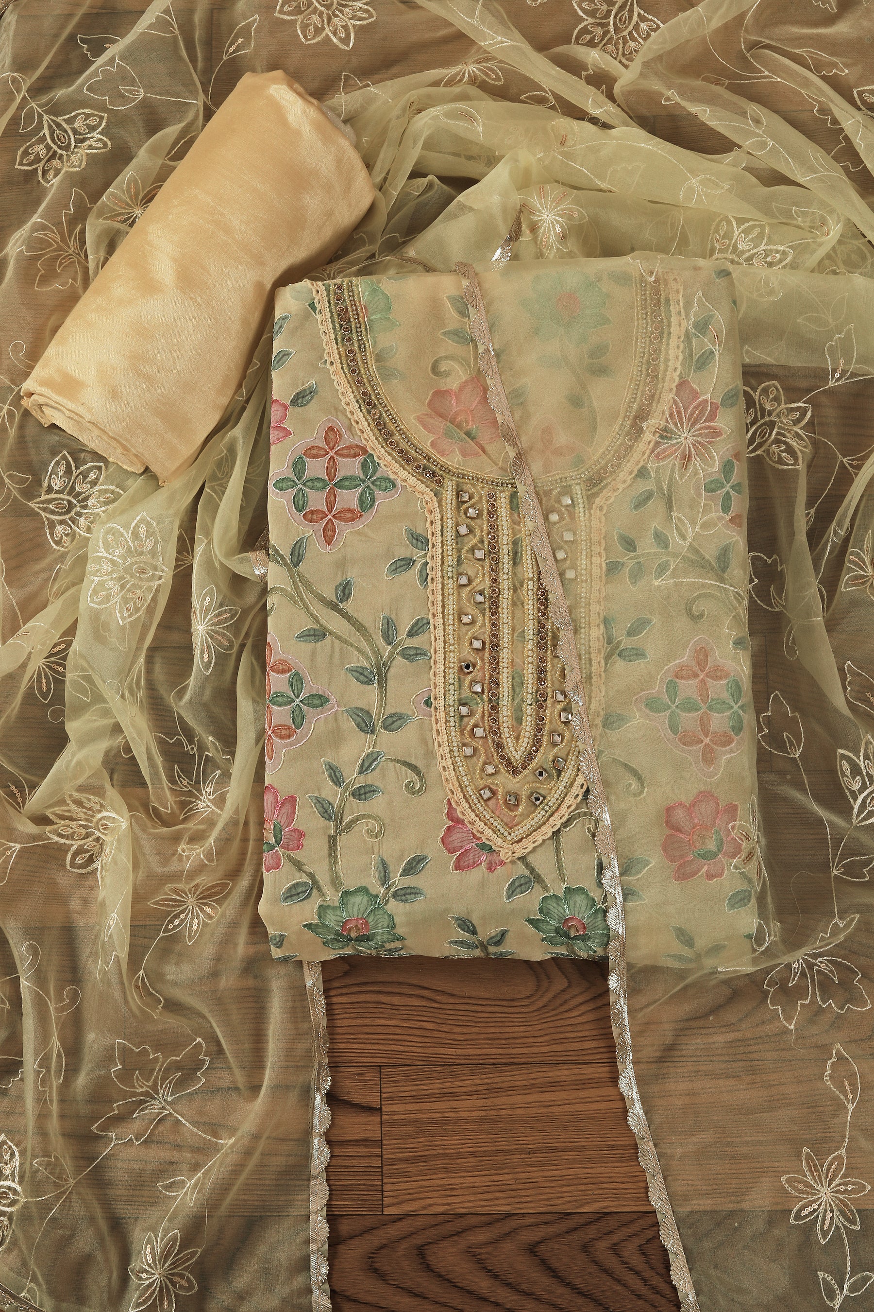 Yellow Cotton Blend Embellished Dress Material with Dupatta