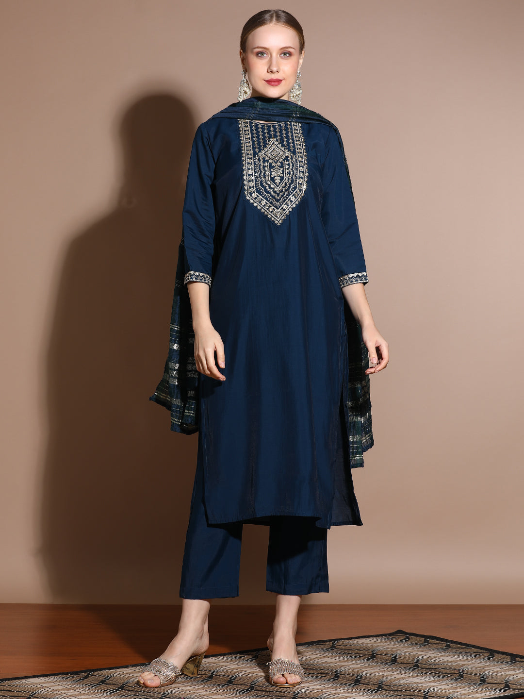Navy Blue Festive Embroidered Kurta Set With Embellished Dupatta