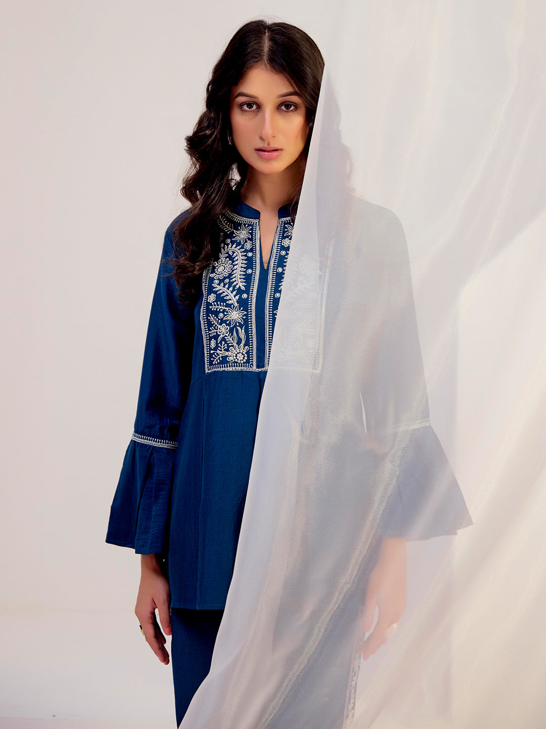 Teal Chinon Floral Embroidered Top With Trousers Co-ord Set