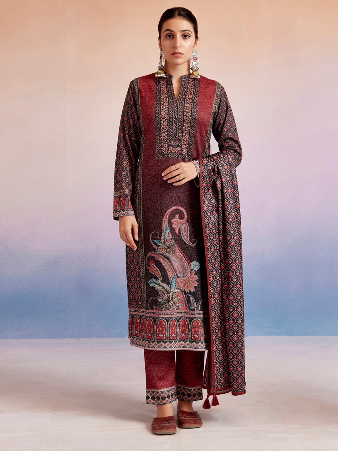 Rust Woolen Floral Printed Kurta Set With Dupatta