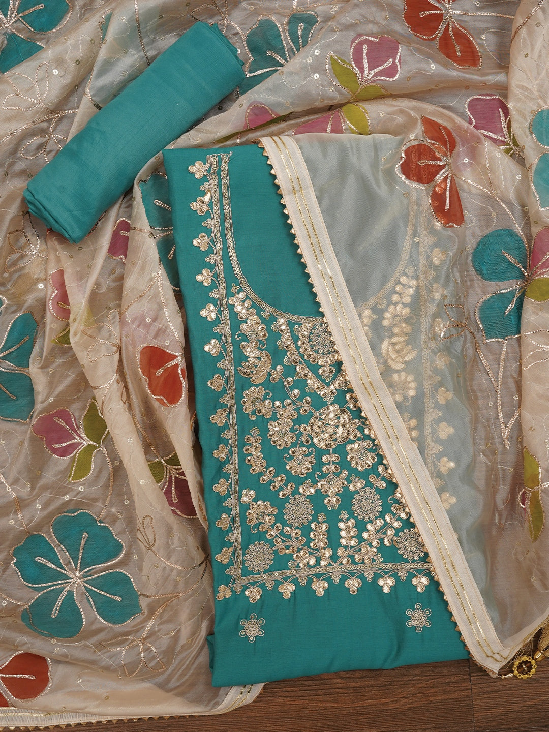 Teal Floral Printed Embroidered Pure Silk Dress Material with Dupatta