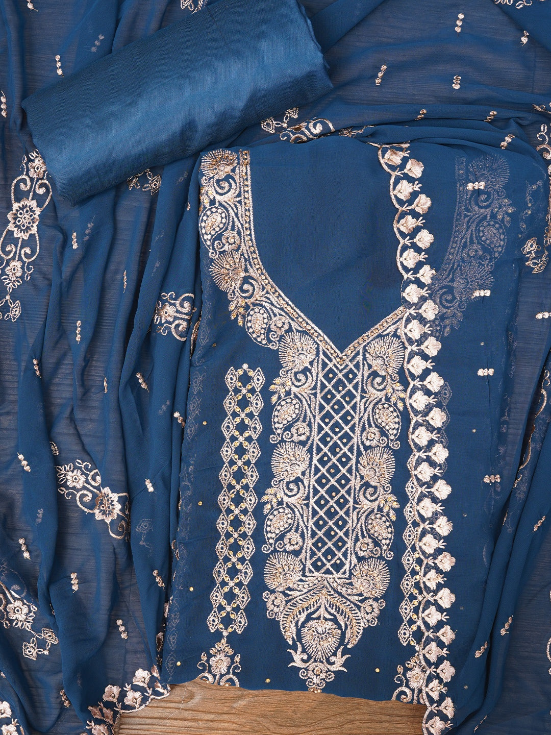 Zari Blue Silk Georgette Dress Material with Dupatta