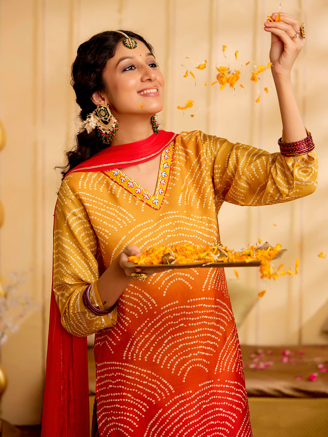 Mustard Bandhani Printed Festive Kurta Set With Dupatta