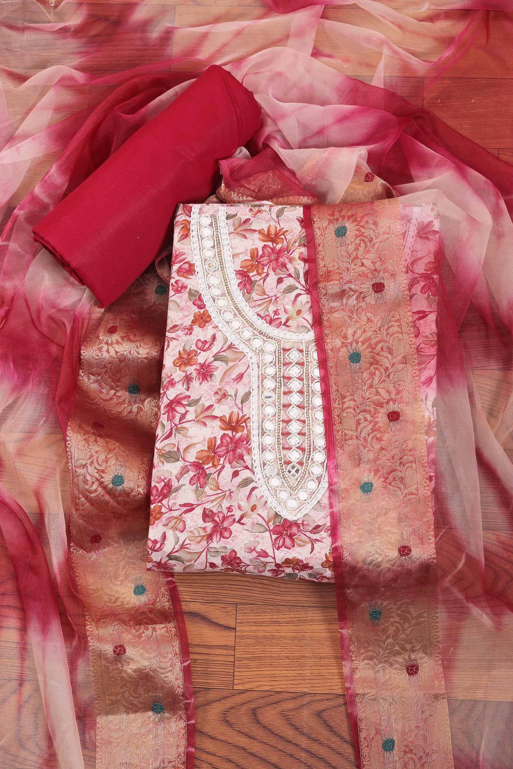 Rani Embellished Cotton Blend Dress Material with Dupatta