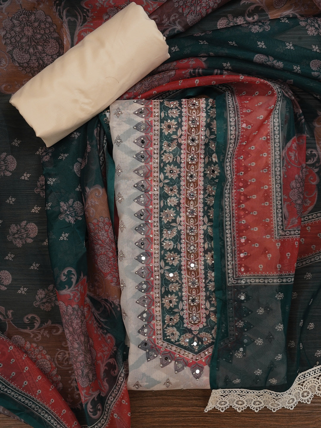 Floral Mulitcolor Printed Organza Dress Material With Dupatta