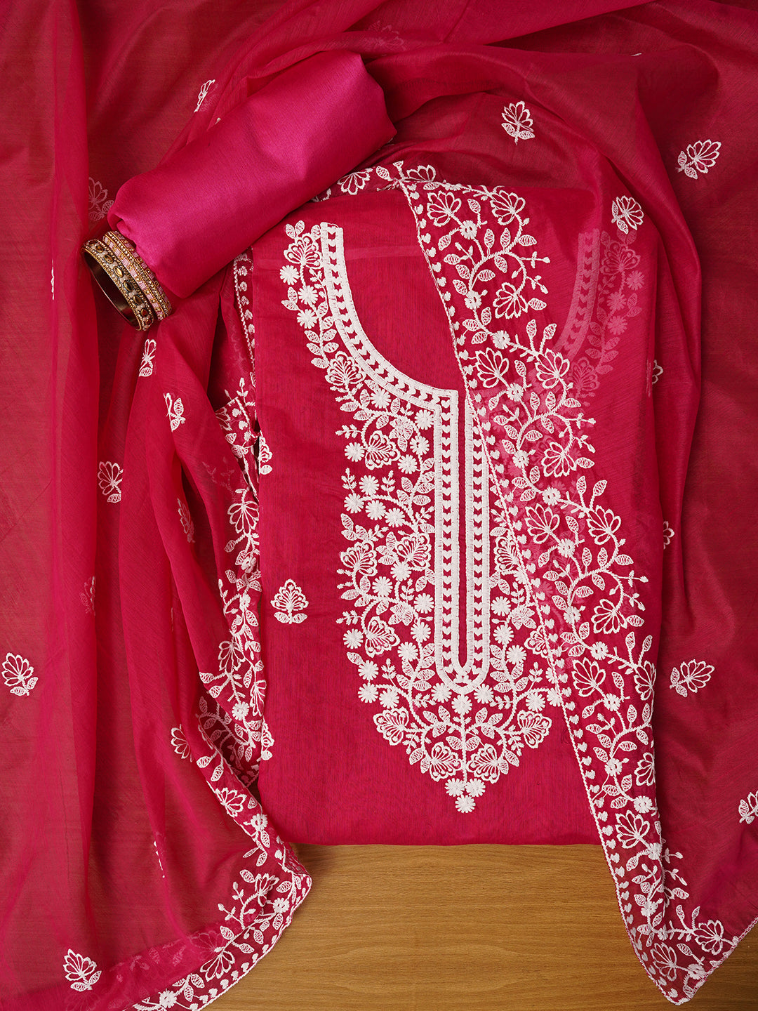 Unstitched Embroidered Cotton Blend Pink Dress Material With Dupatta
