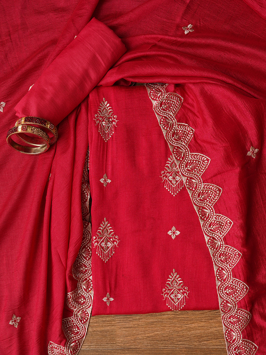 Pink Unstitched Embroidered Silk Blend Dress Material With Dupatta