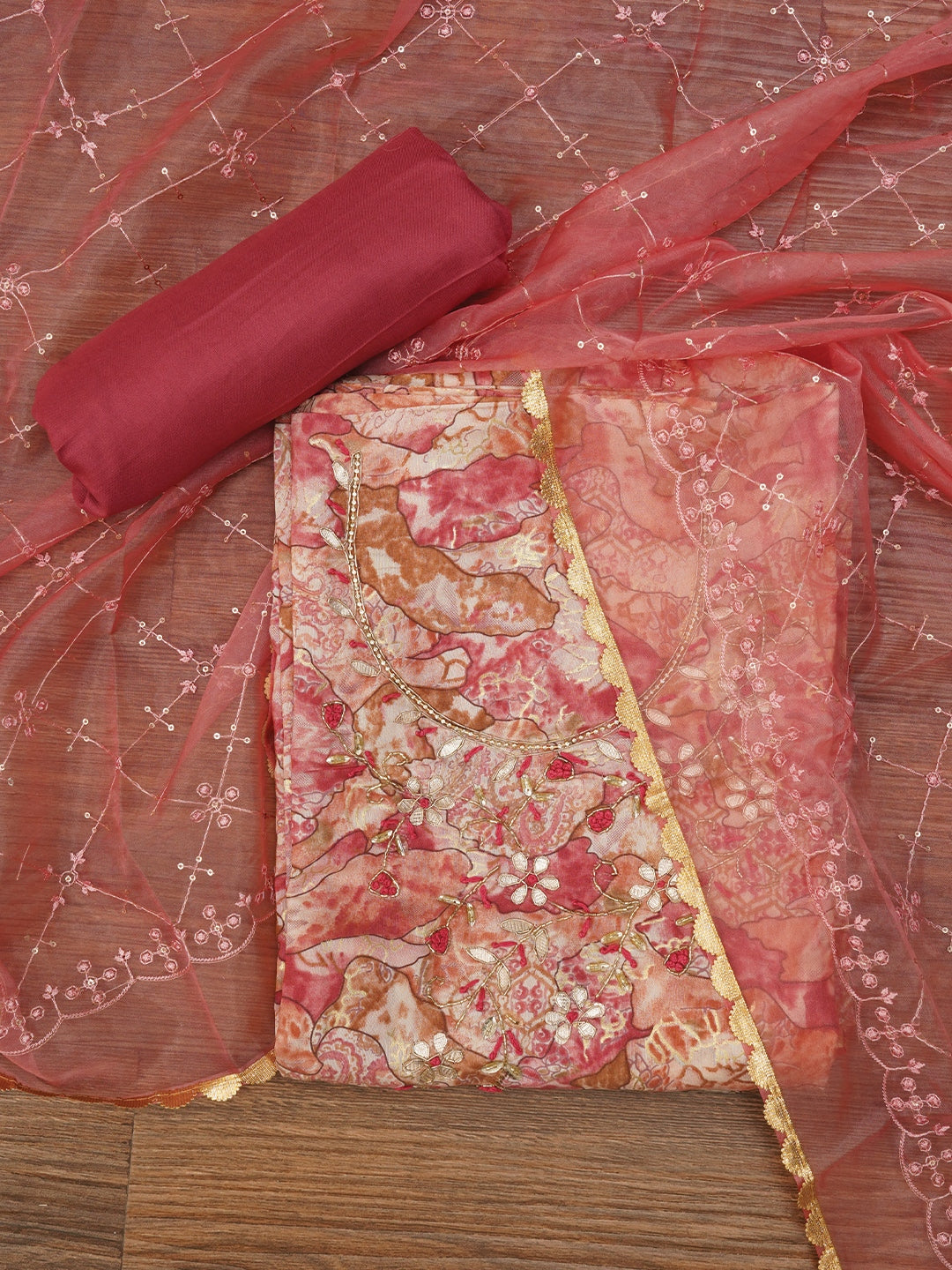 Multicolor Abstract Printed Embroidered Dress Material with Dupatta