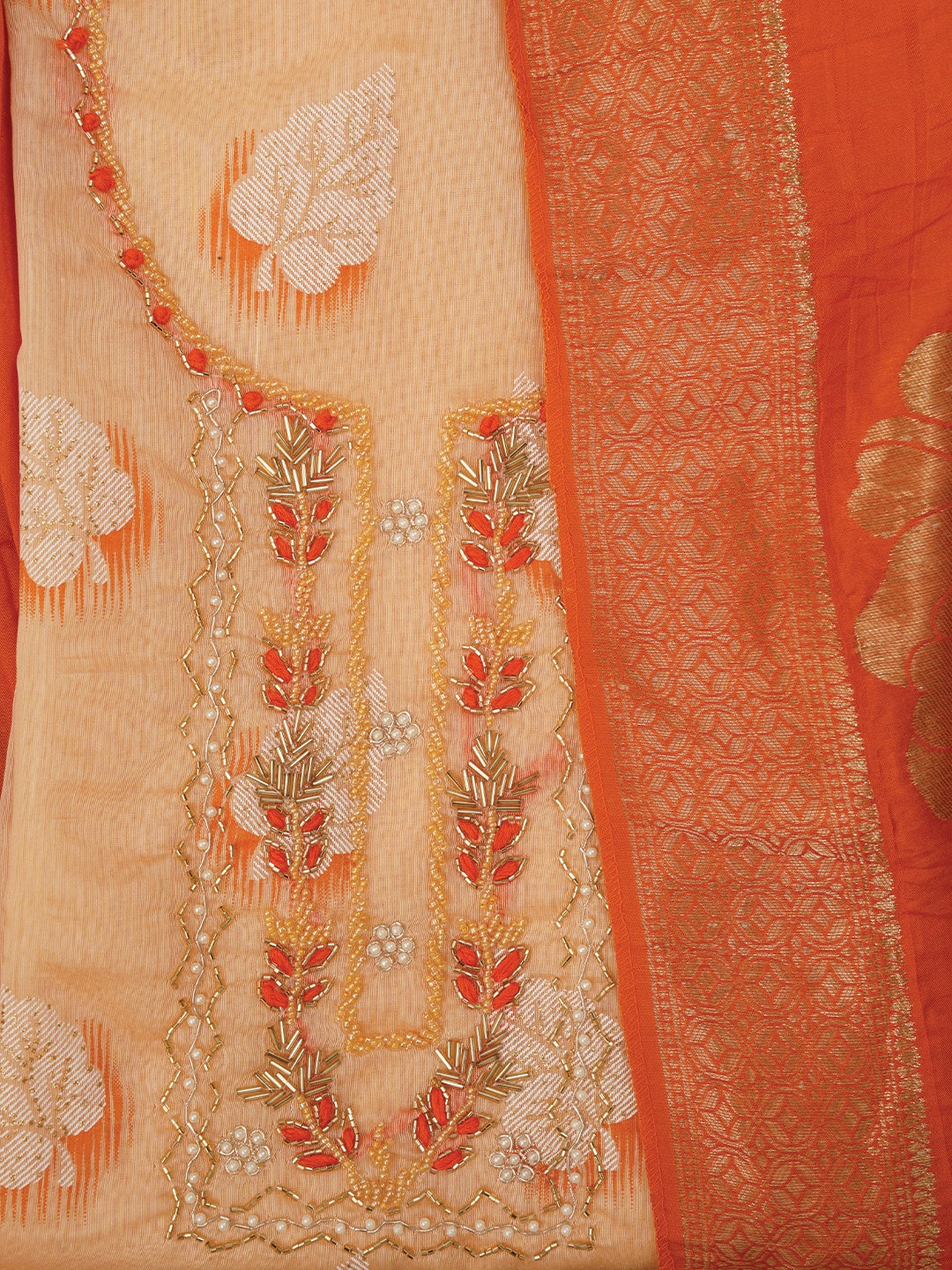 Unstitched Embellished Beige Cotton Blend Dress Material with Dupatta