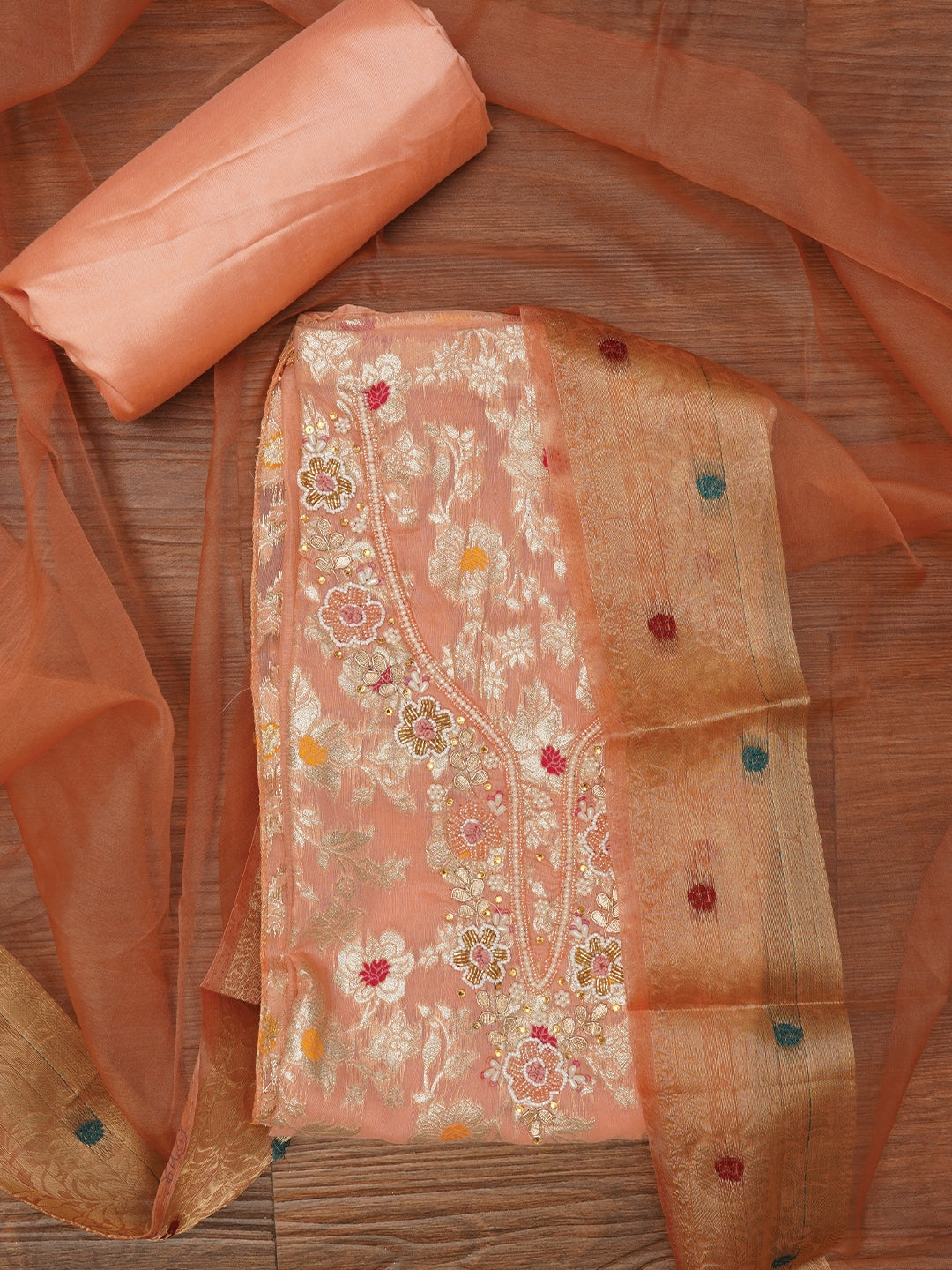 Peach Zari Brocade Cotton Dress Material with Dupatta