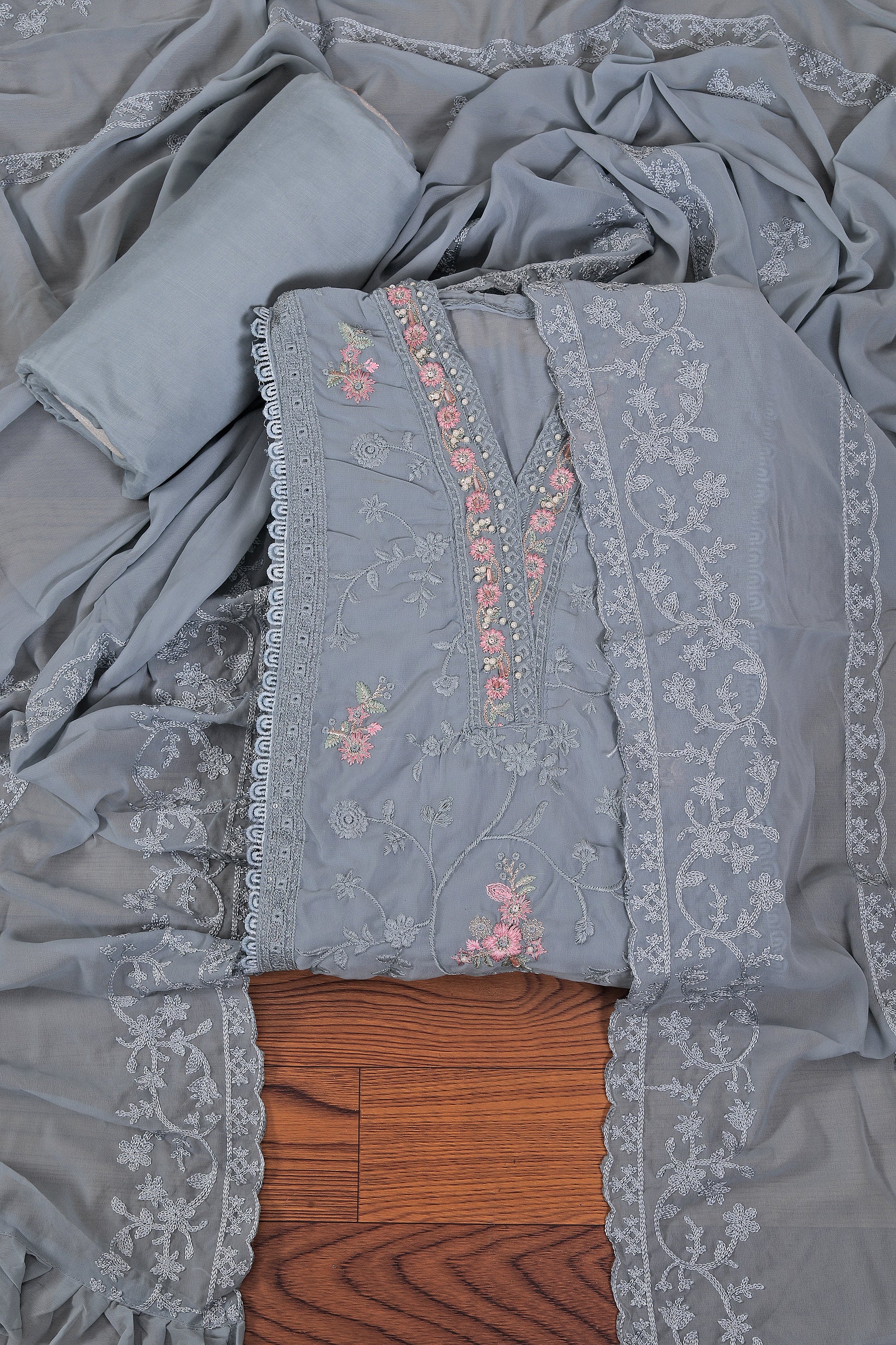 Heavy Embroidered Poly Georgette Light Blue Dress Material with Dupatta