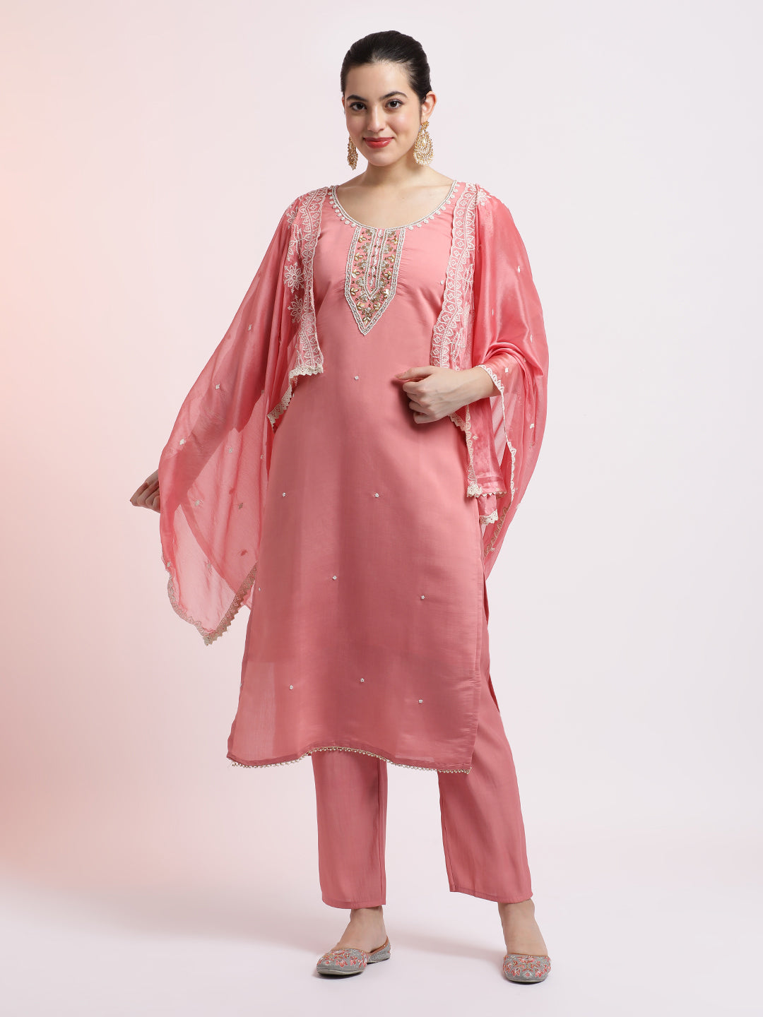 Baby Pink Embroidered Cotton Festive Kurta Set With Dupatta