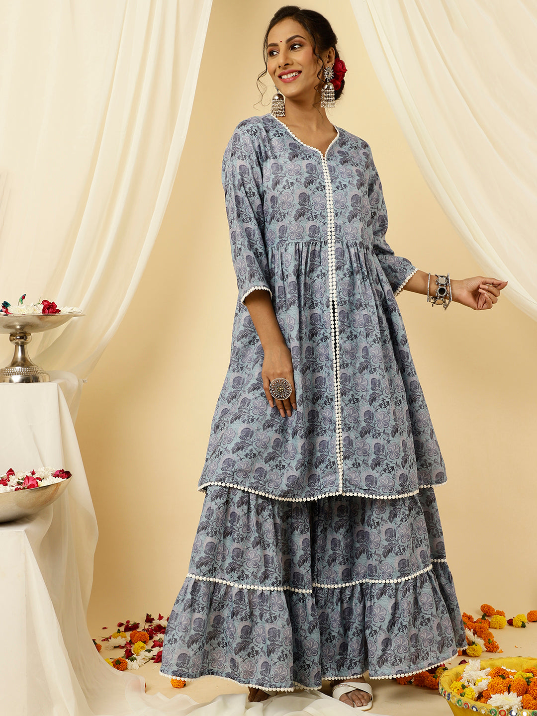 Blue Floral Print Flared Kurta With Sharara