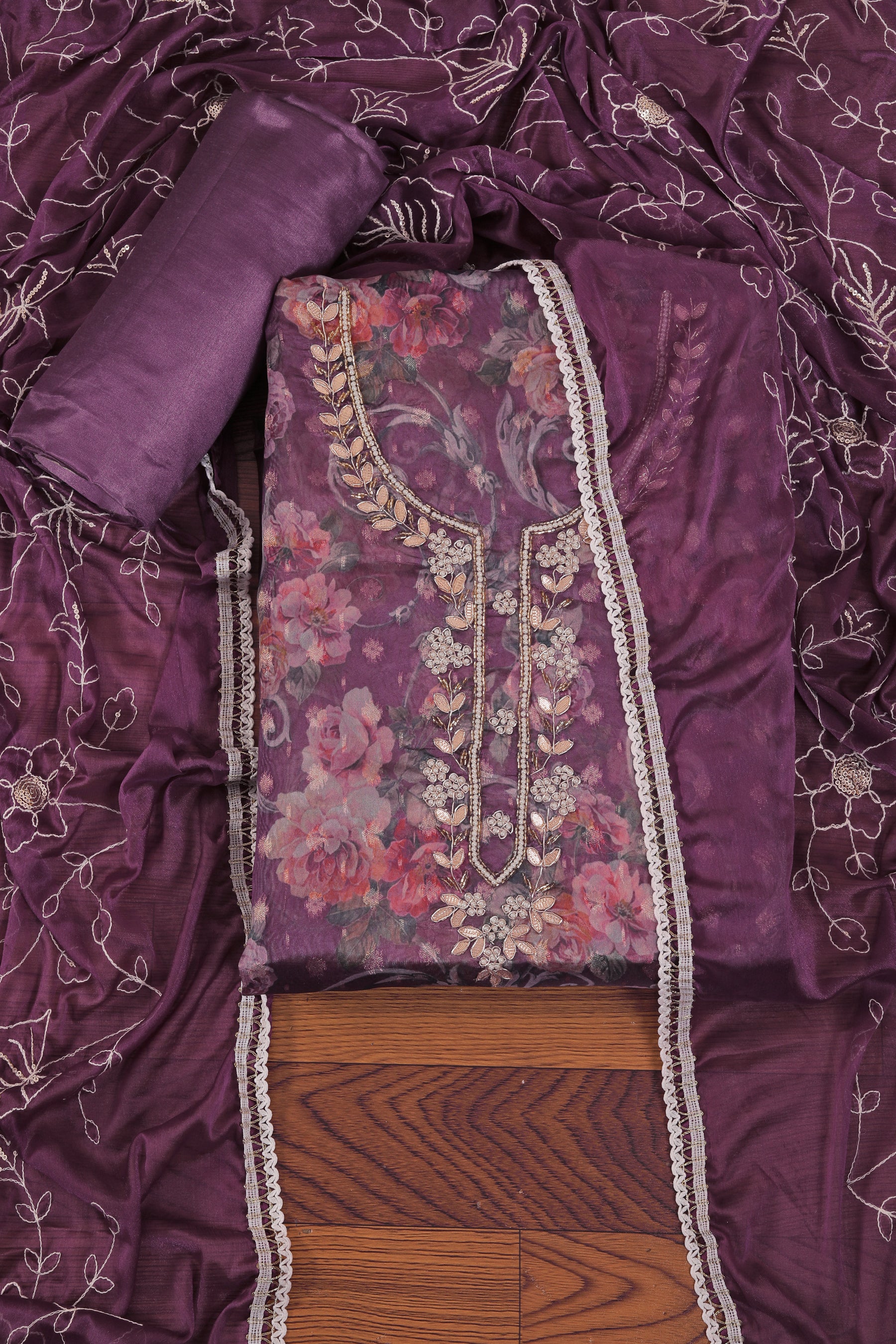 Wine Embellished Zari Woven Dress Material with Dupatta