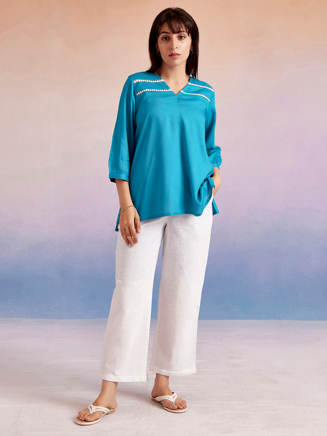 Turquoise Blue Solid High-Low Casual Top