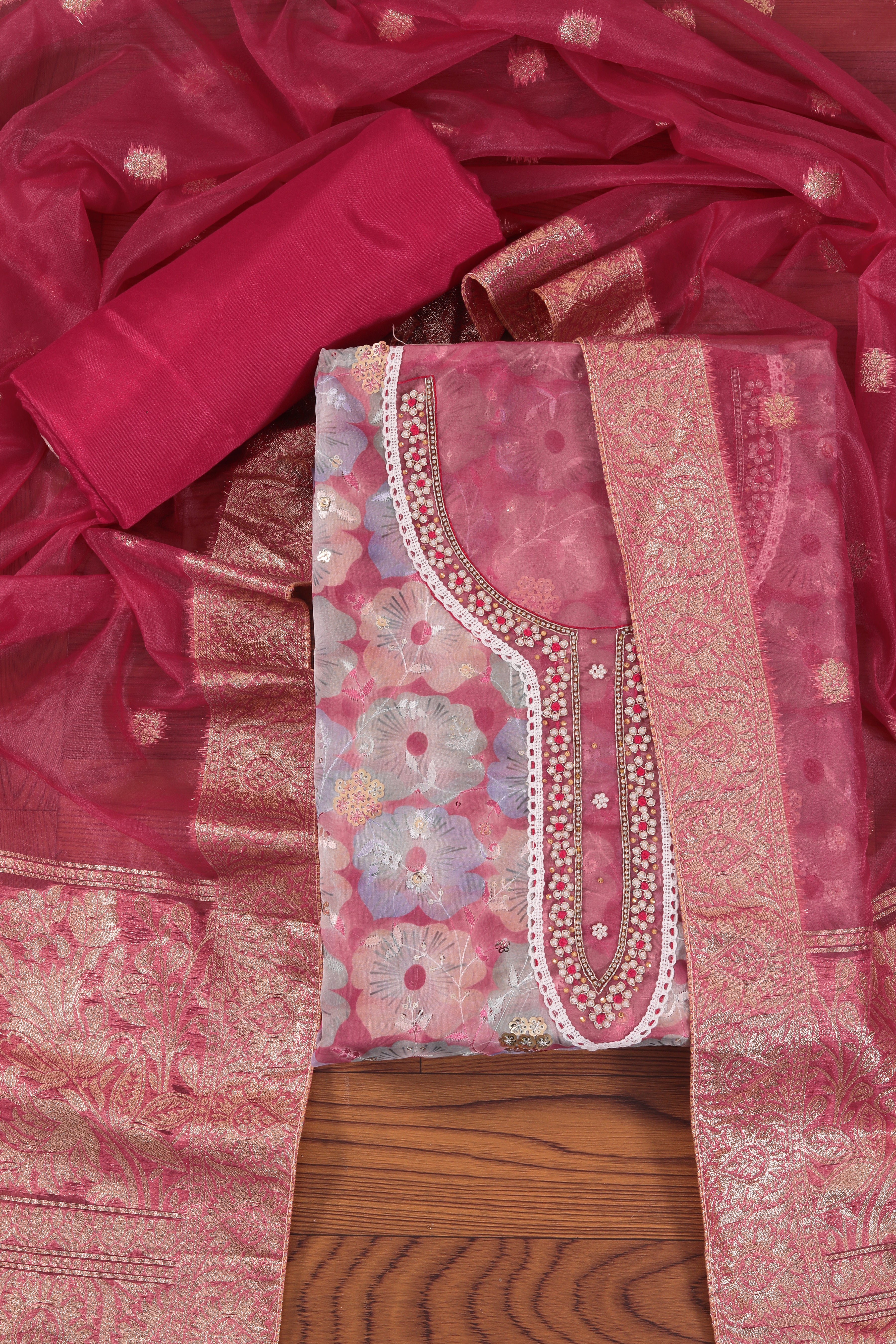 Rani Embellished Organza Dress Material With Dupatta