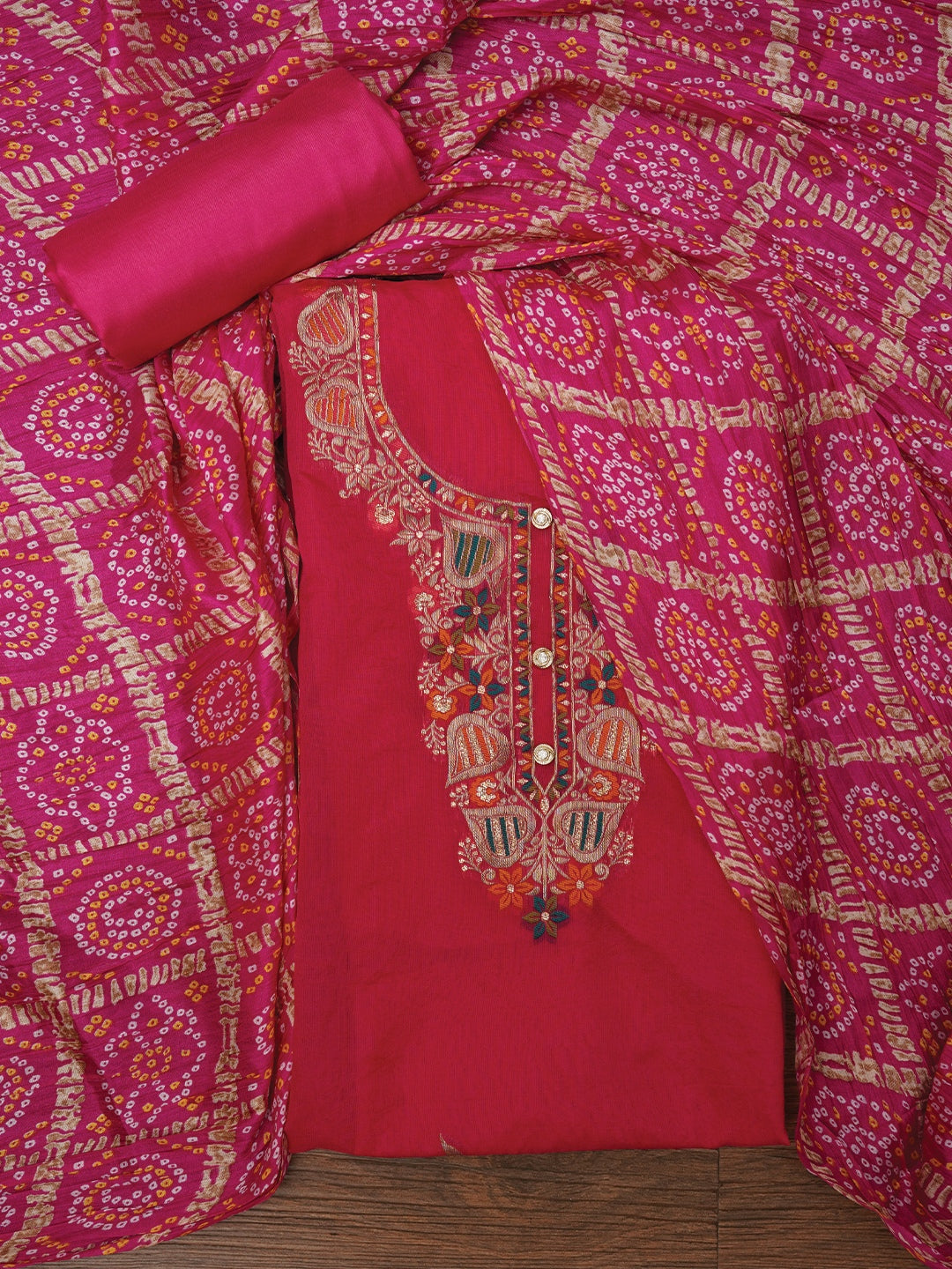 Pink Unstitched Zari Silk Blend Dress Material With Dupatta