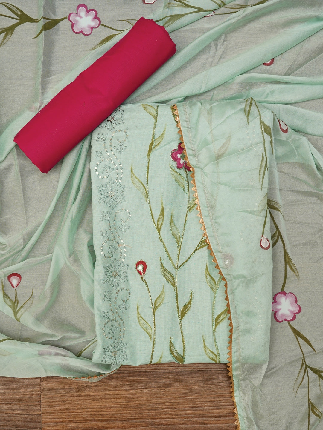 Sea Green Handpainted Embroidered Dress Material with Dupatta