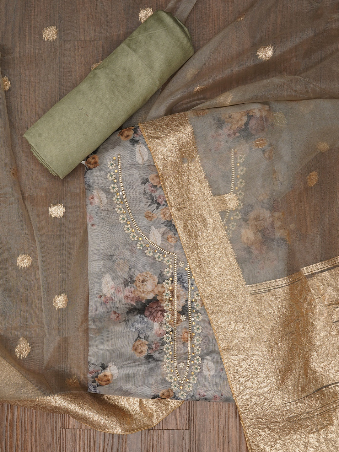 Sea Green Embellished Floral Printed Organza Dress Material with Dupatta