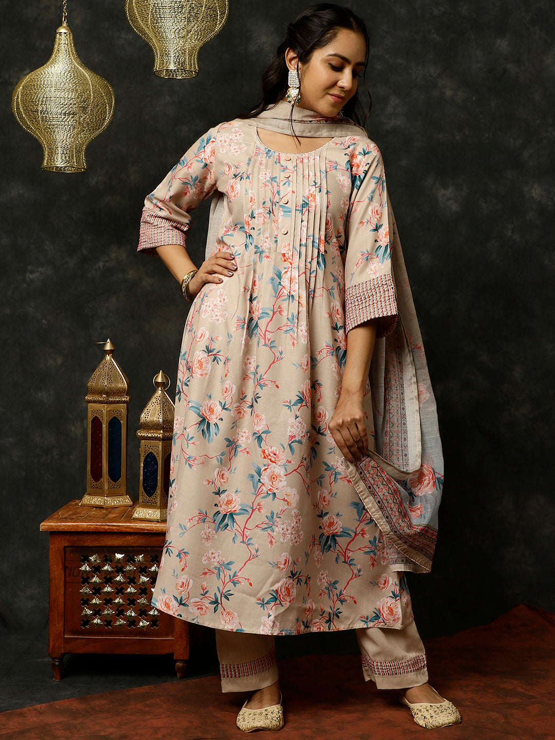 Embroidered Beige Rose Print Pleated Pakistani Kurta With Pants And Dupatta