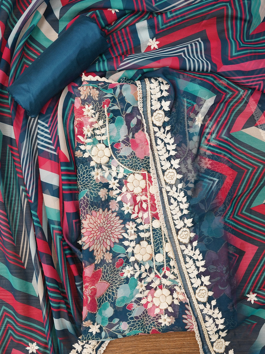 Teal Blue Lucknowi Embroidered Organza Dress Material with Dupatta