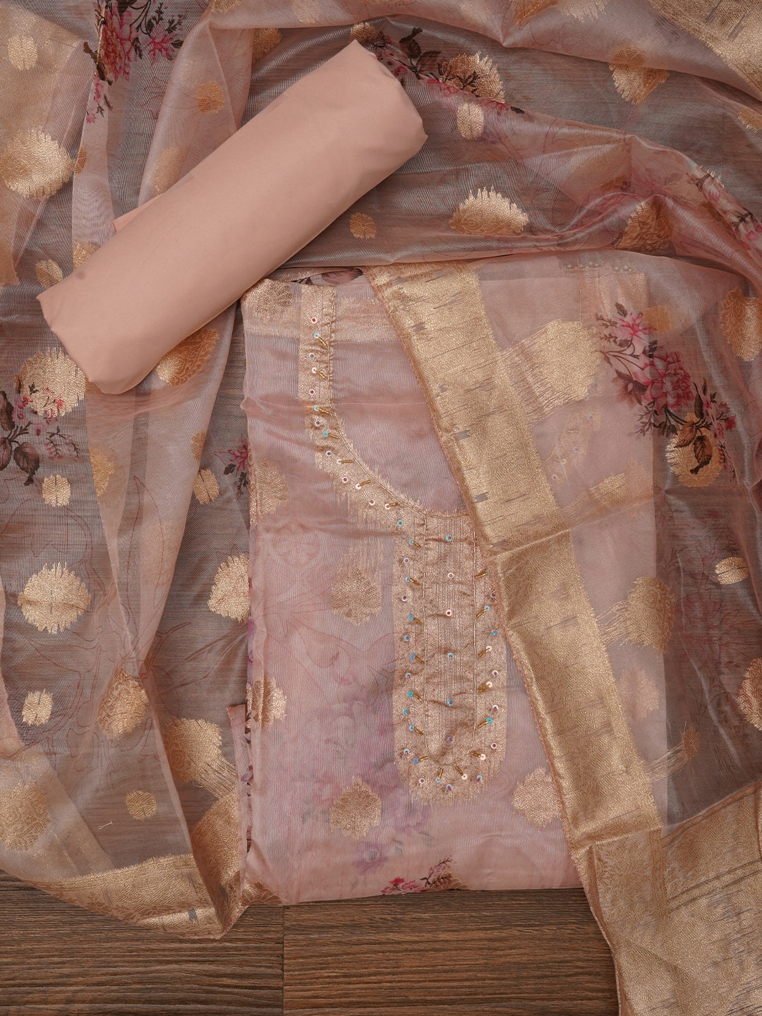 Peach Floral Printed Embellished Organza Dress Material with Dupatta