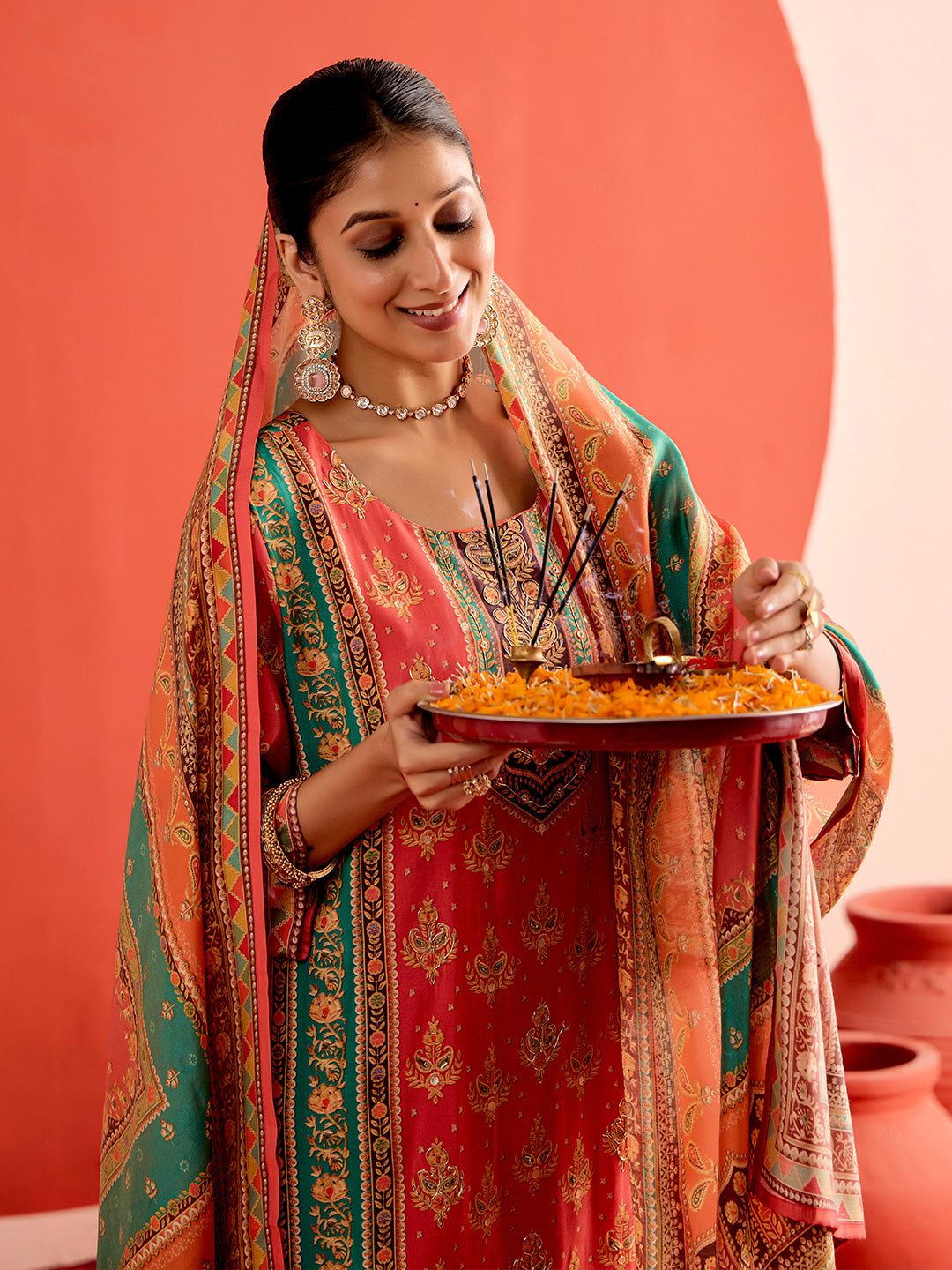 Pink Embellished Ethnic Printed Festive Kurta Set With Dupatta