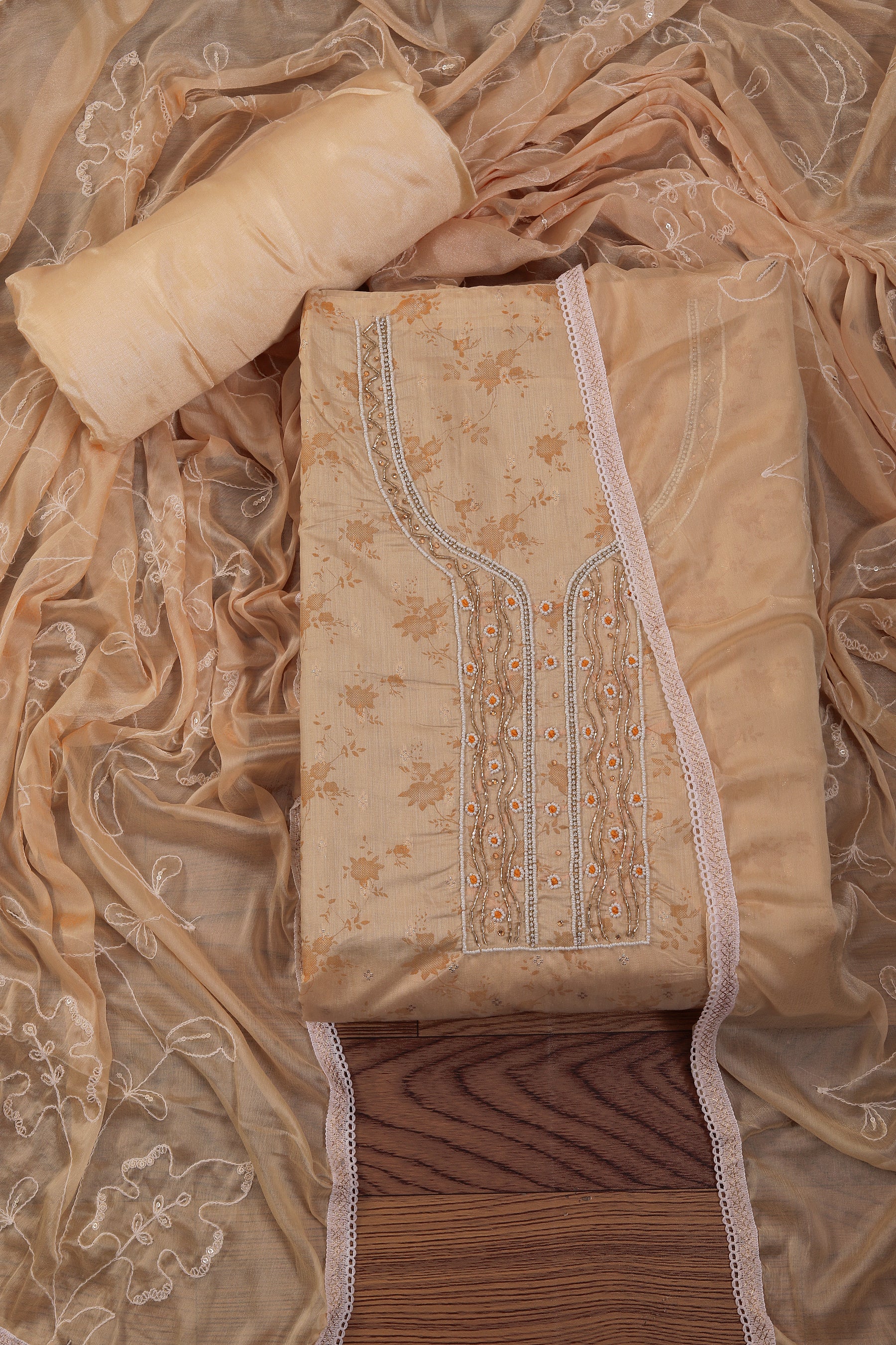 Yellow Printed Cotton Blend Embellished Dress Material with Dupatta