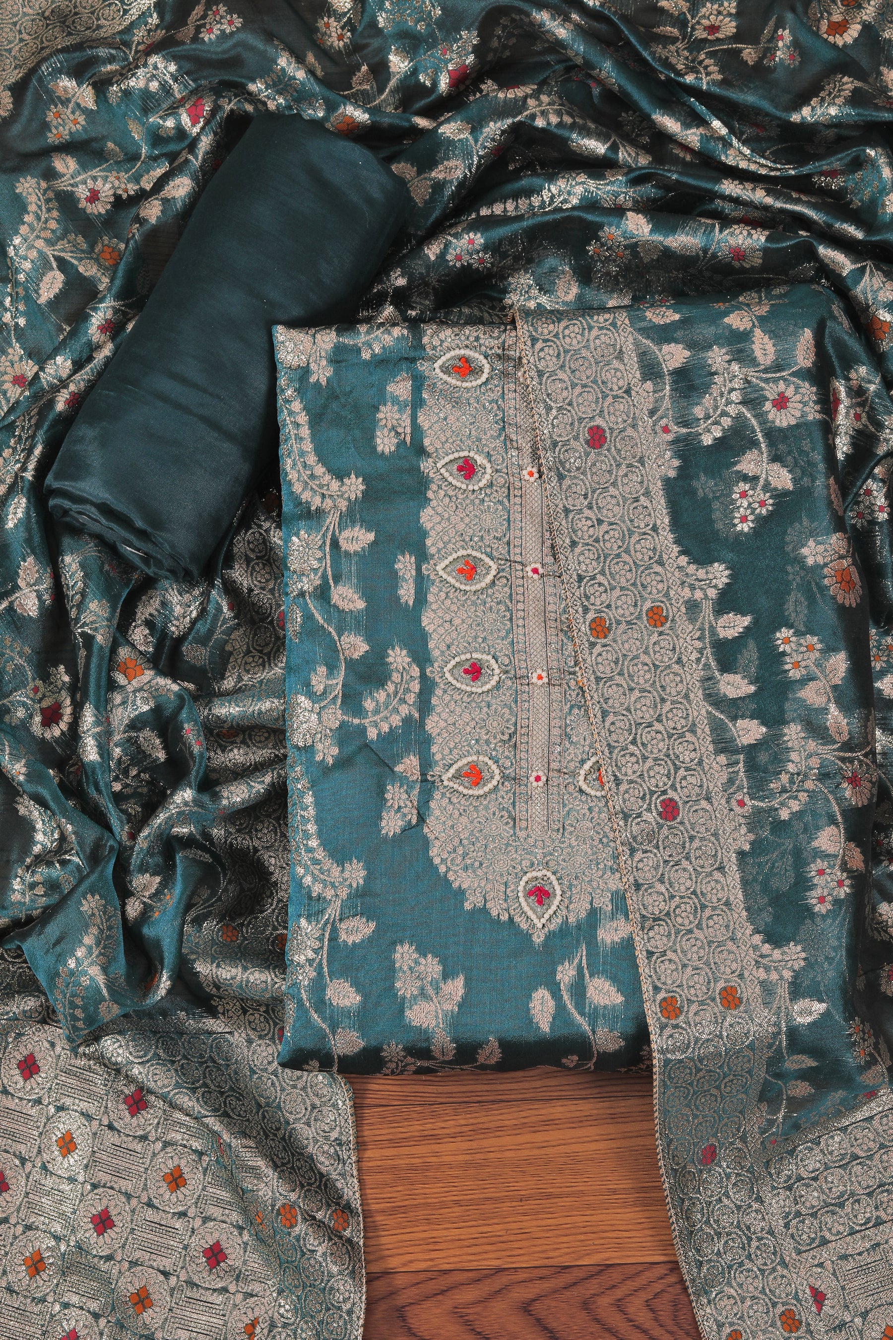 Dark Green Brocade Woven Design Organza Dress Material With Dupatta