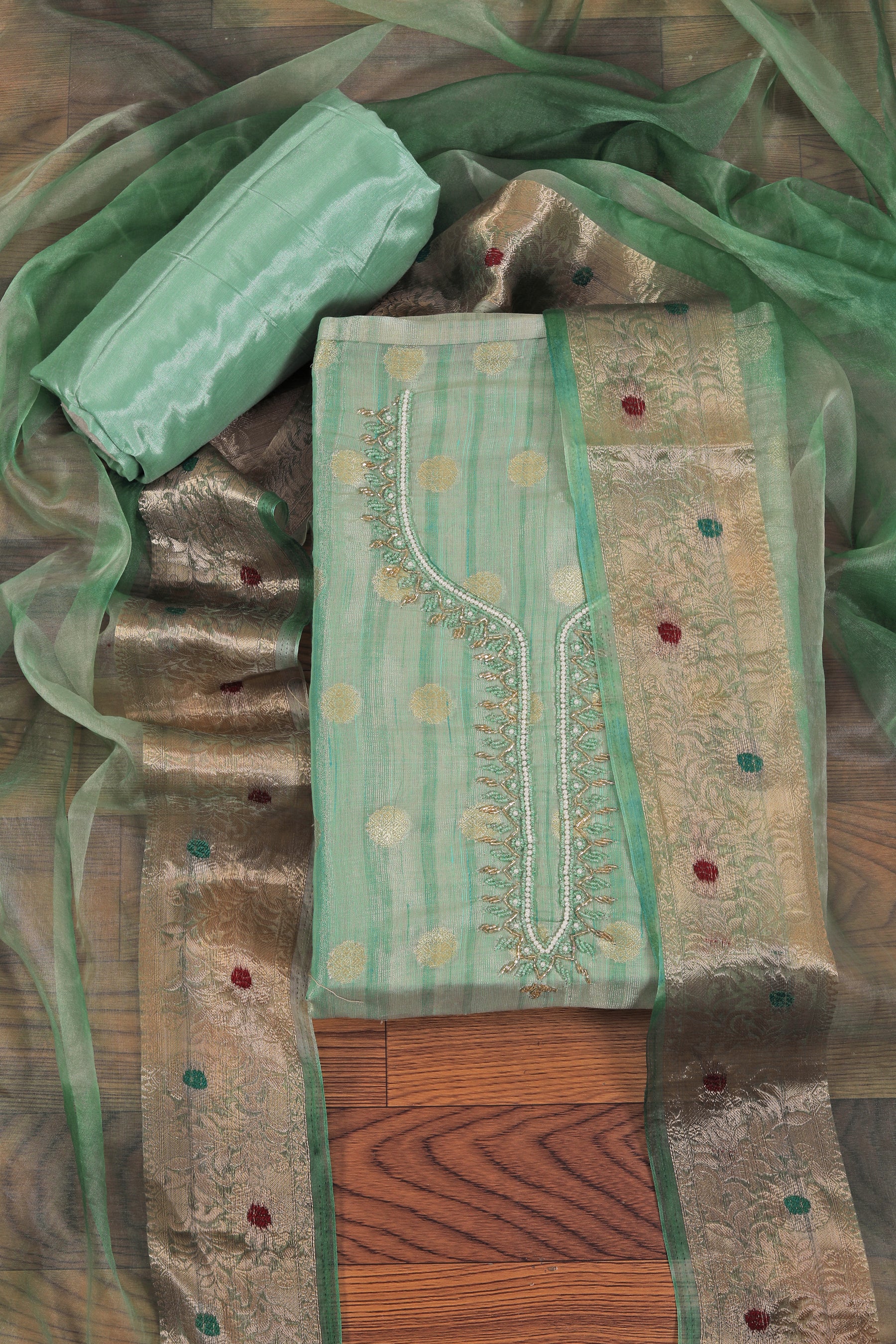 Green Embellished Organza Dress Material With Tie-Dye Dupatta