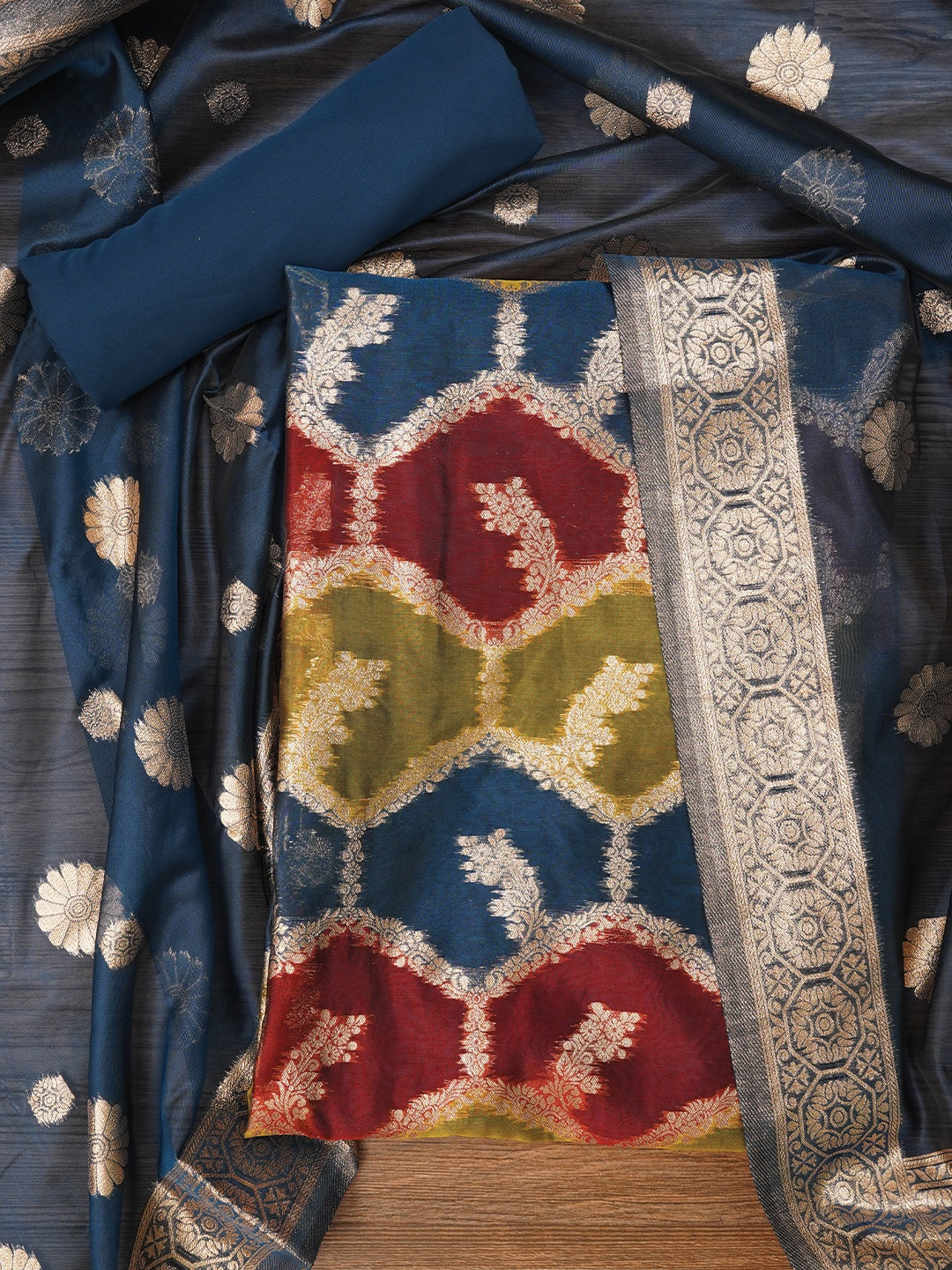 Teal Unstitched Zari Woven Organza Dress Material With Dupatta