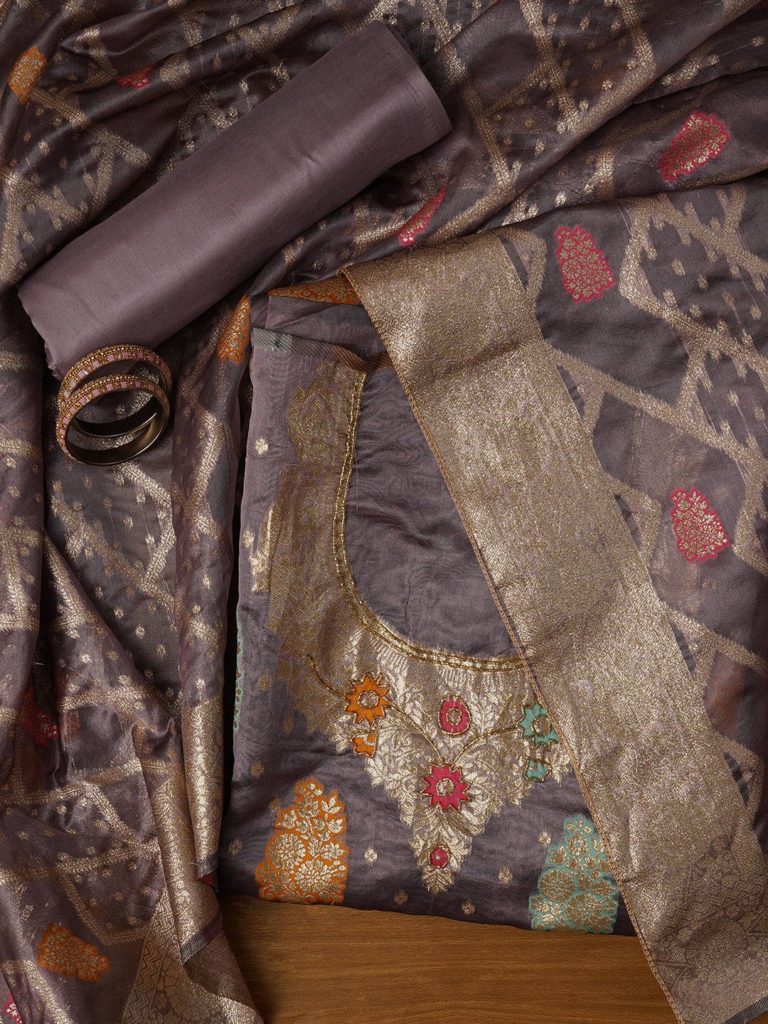 Unstitched Purple Woven Design Silk Blend Dress Material With Dupatta