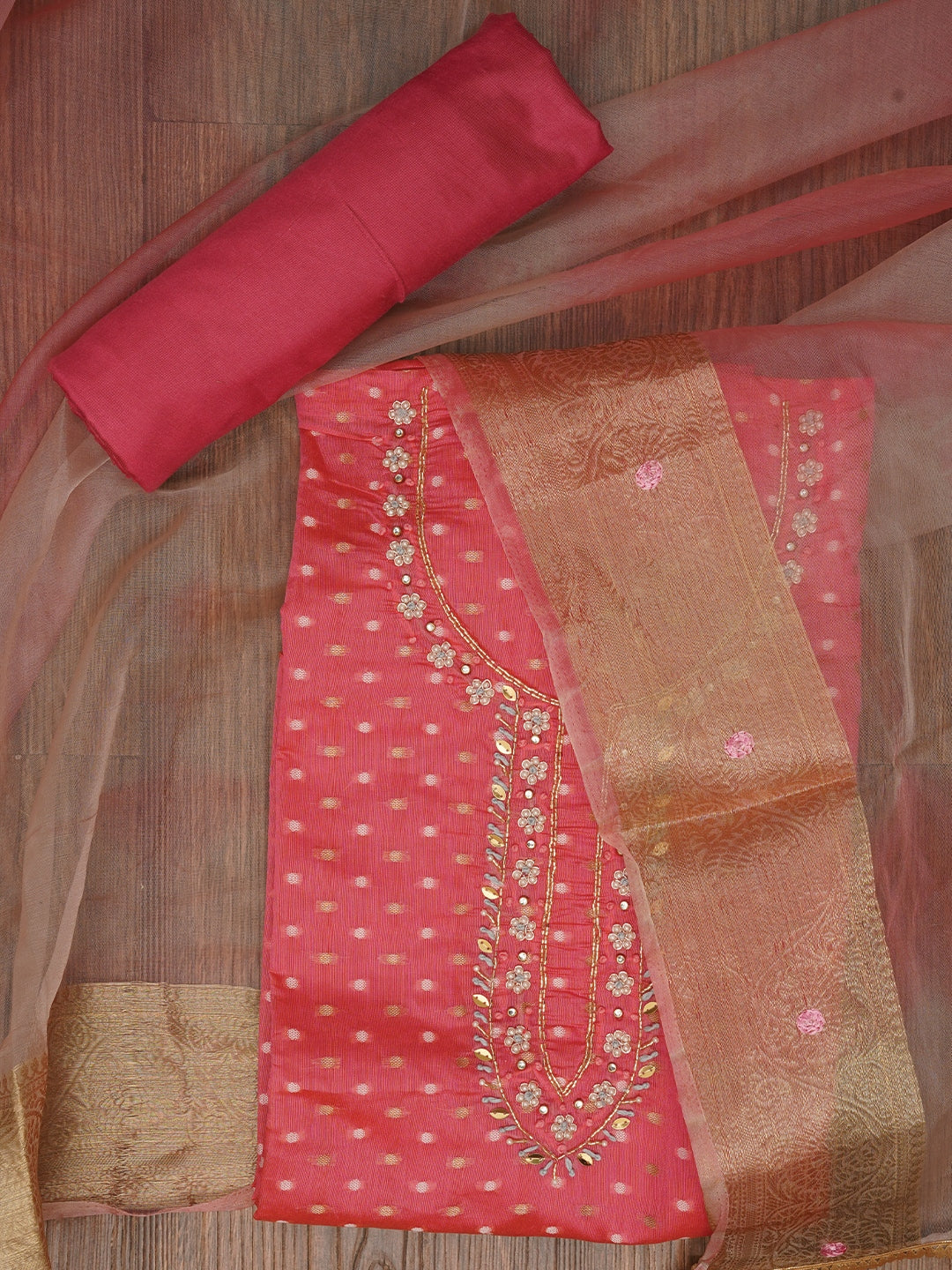 Pink Cotton Blend Embellished Dress Material with Dupatta