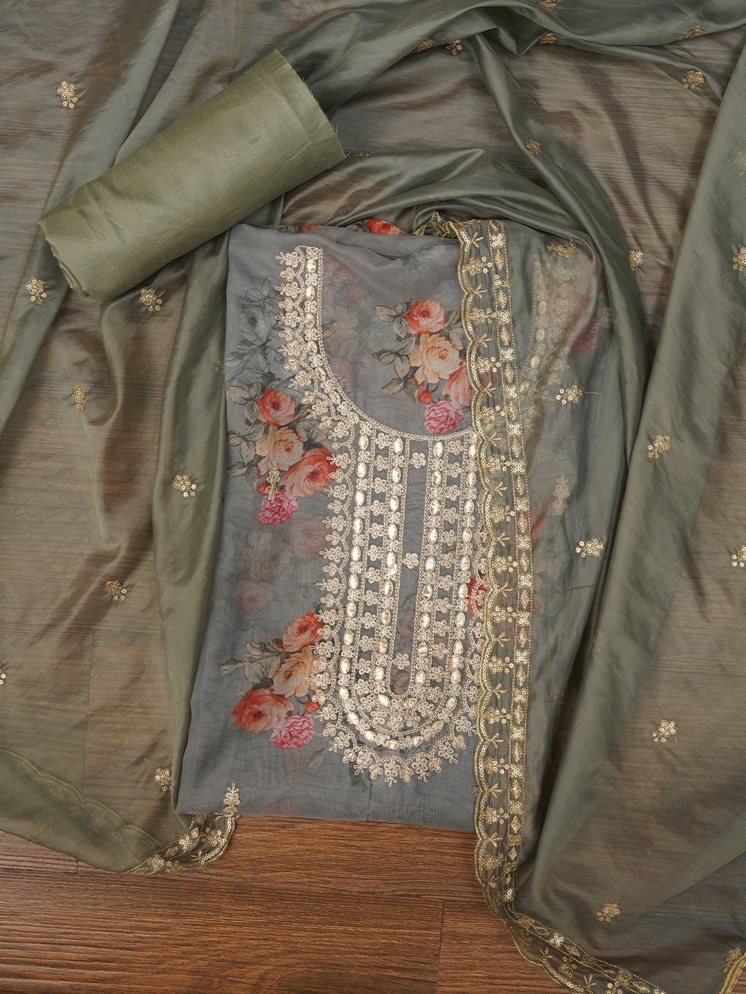 Mehandi Green Floral Printed Sequin Embroidered Dress Material with Dupatta