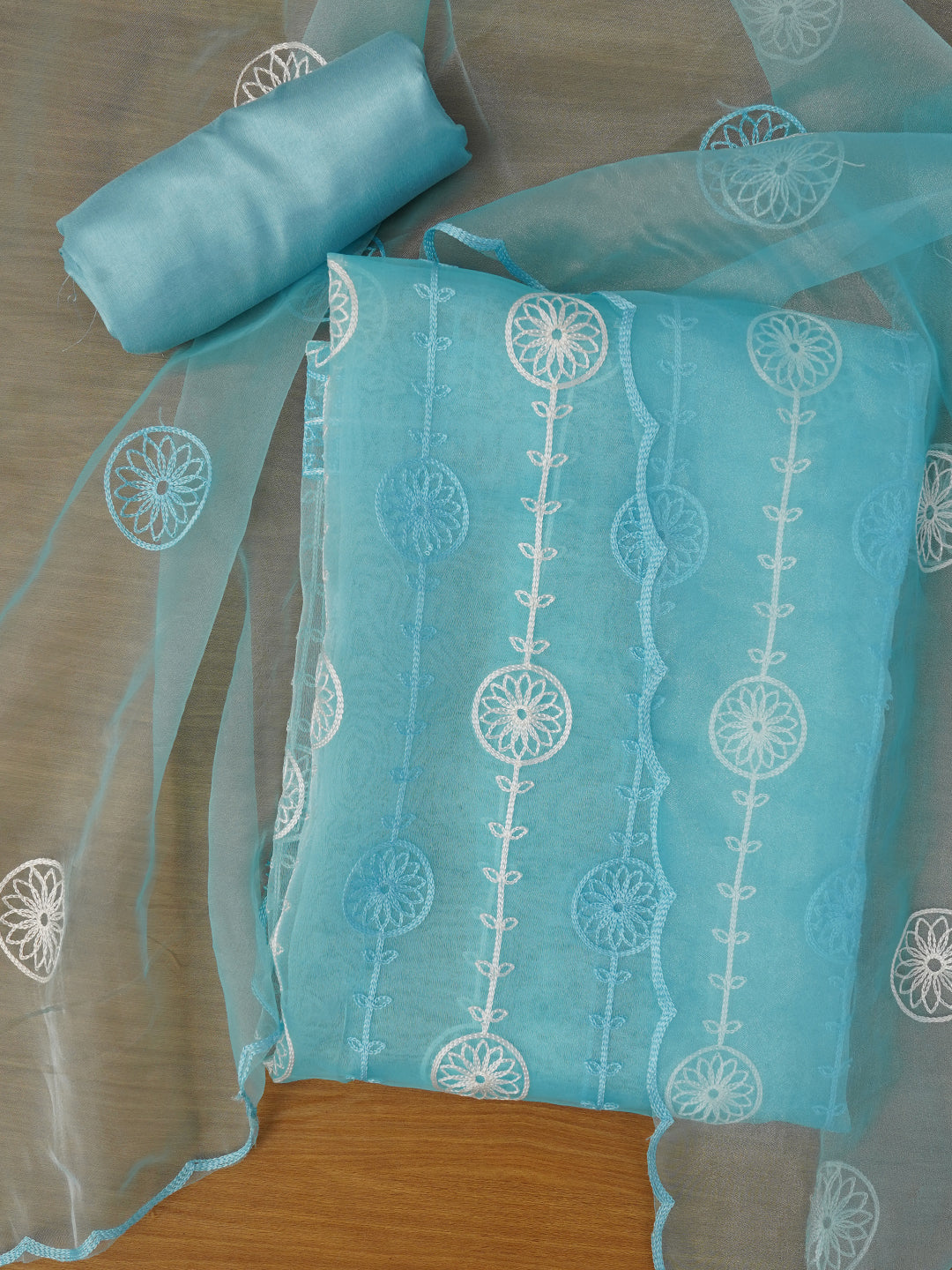 Sky Blue Unstitched Embroidered Organza Dress Material With Dupatta