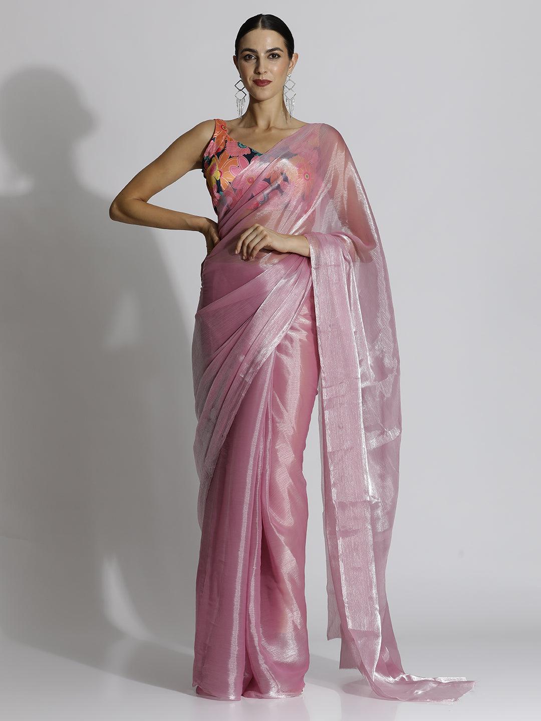 Pink Festive Tissue Solid Saree