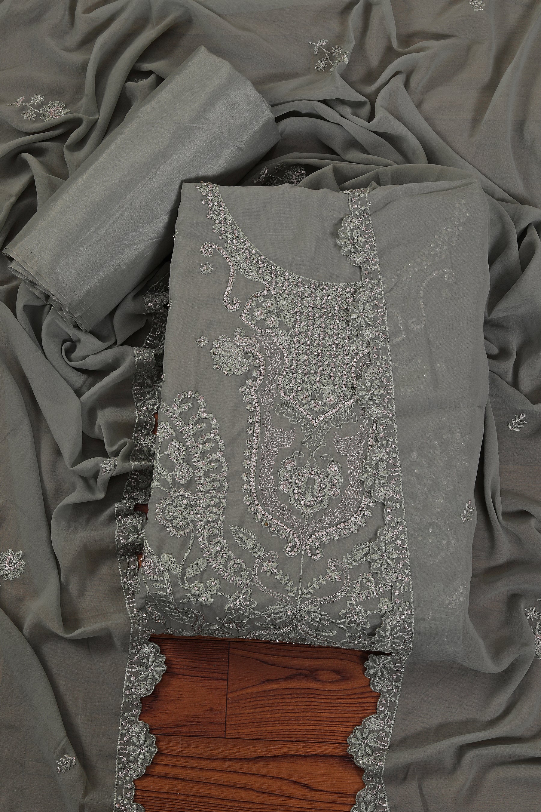 Olive Heavy Embroidered Poly Georgette Dress Material with Dupatta