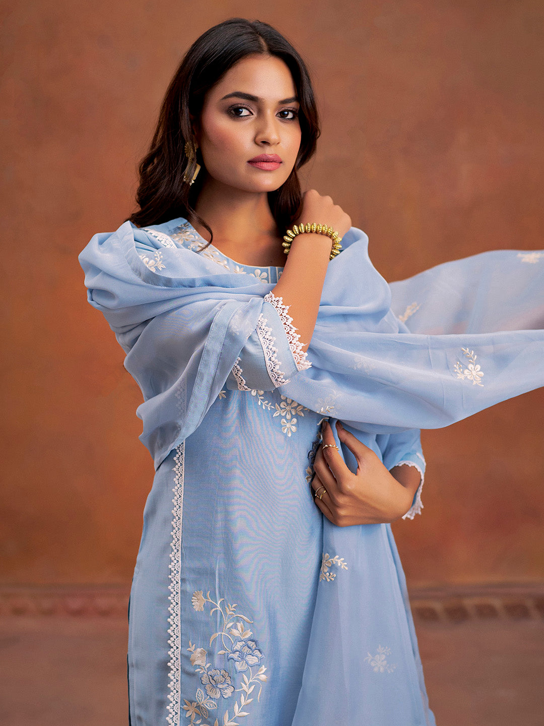 Blue Festive Embroidered Kurta Set With Dupatta