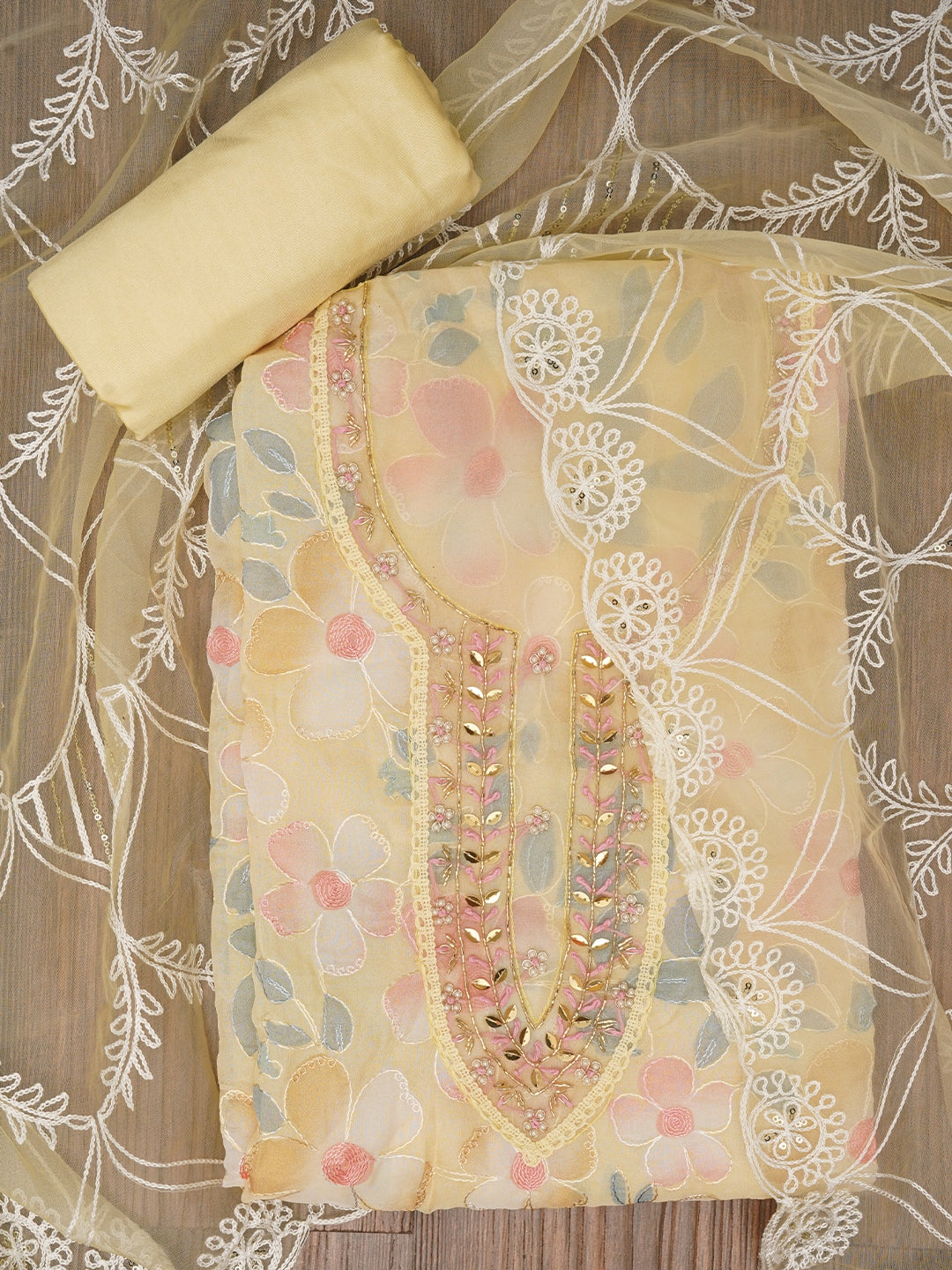 Yellow Floral Embroidered Organza Dress Material with Dupatta