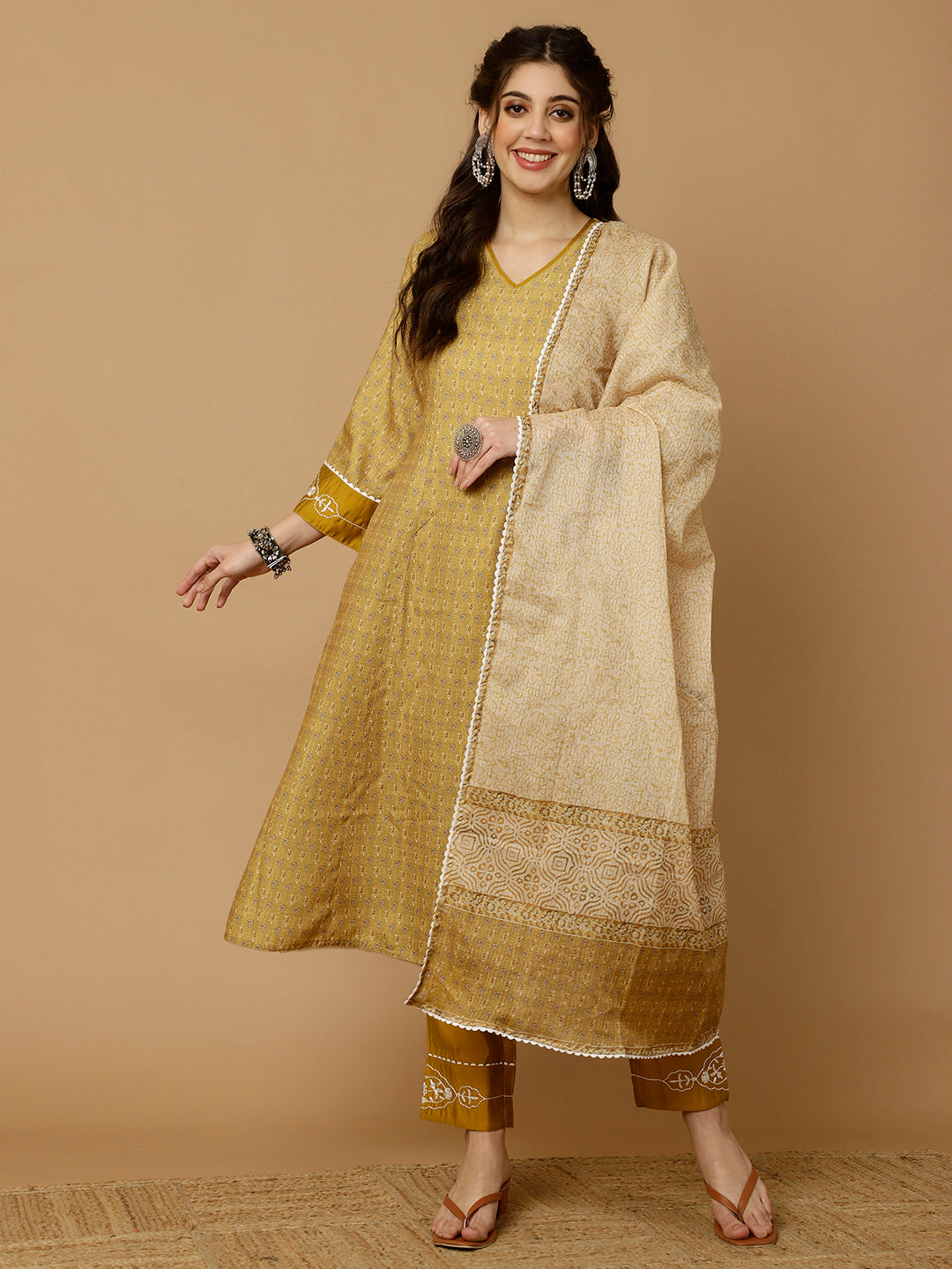 MUSTARD EMBROIDERED PAKISTANI KURTA WITH PANTS AND DUPATTA