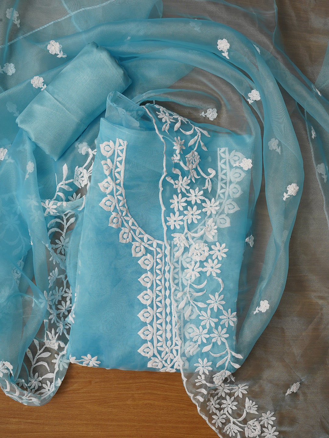 Sky Blue Floral Embroidered Organza Dress with Dupatta