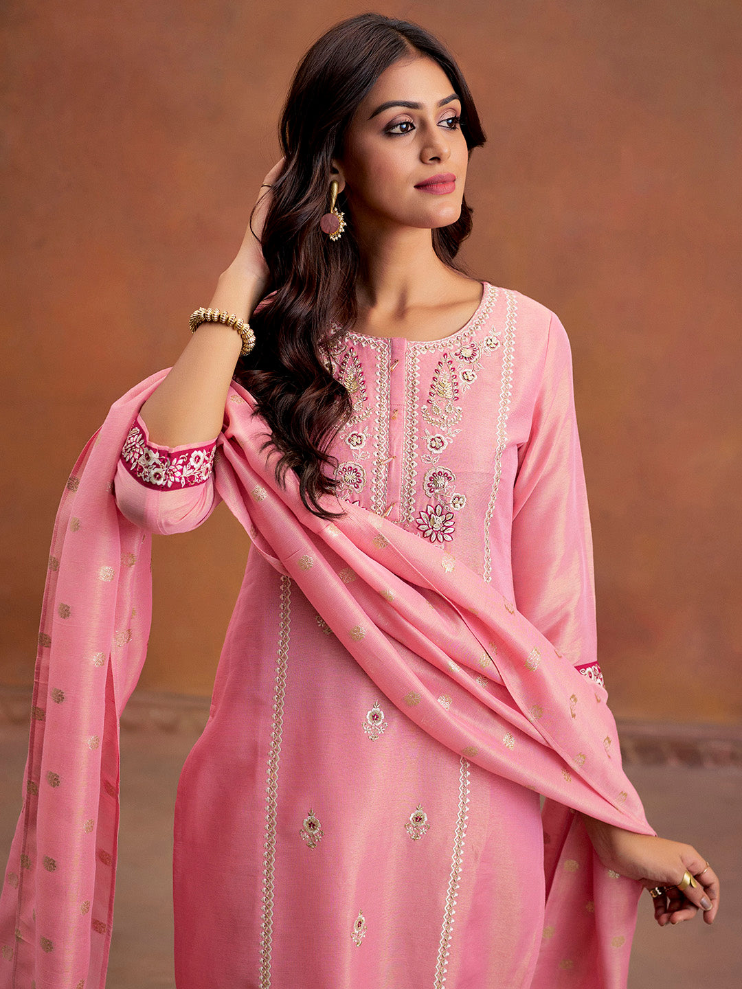 Pink Festive Zardozi Work Kurta Set With Dupatta